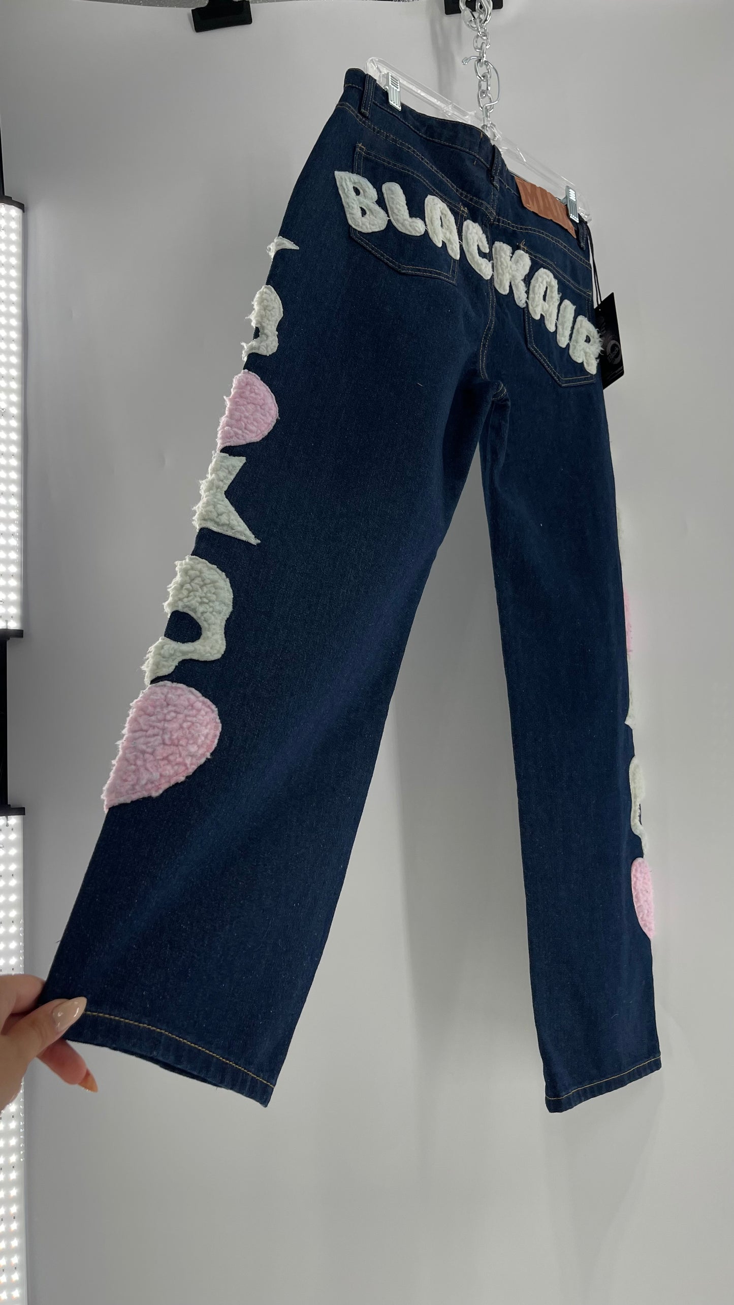 MadeExtreme Dark Wash Denim with Skull/Heart Patches and Bum Embroidery (Medium 8)