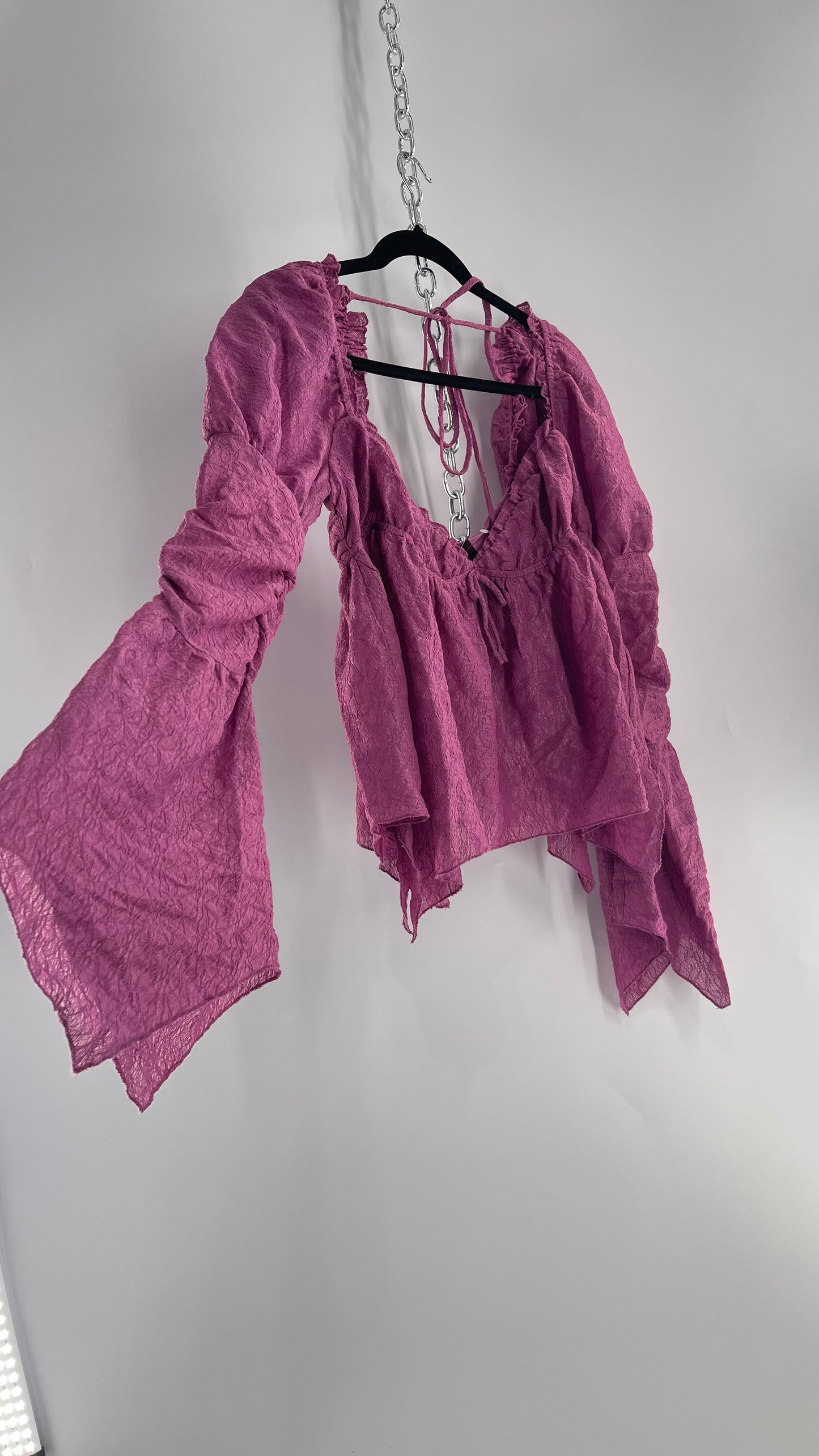 Urban Outfitters Purple Lace Blouse with Handkerchief Slit Hem, Princess Fairy Sleeves, Ruffle Trim Bust and Low Back (Large)