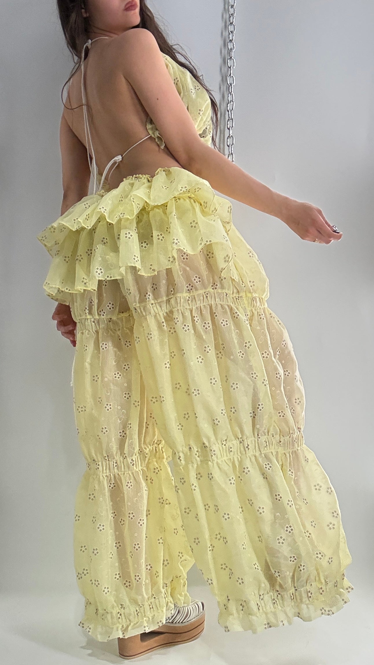 Vintage Handmade 2pc Baby Yellow Set with Tiered Pants, Ruffled Bum, and Floral Eyelet Pattern (XS-M)