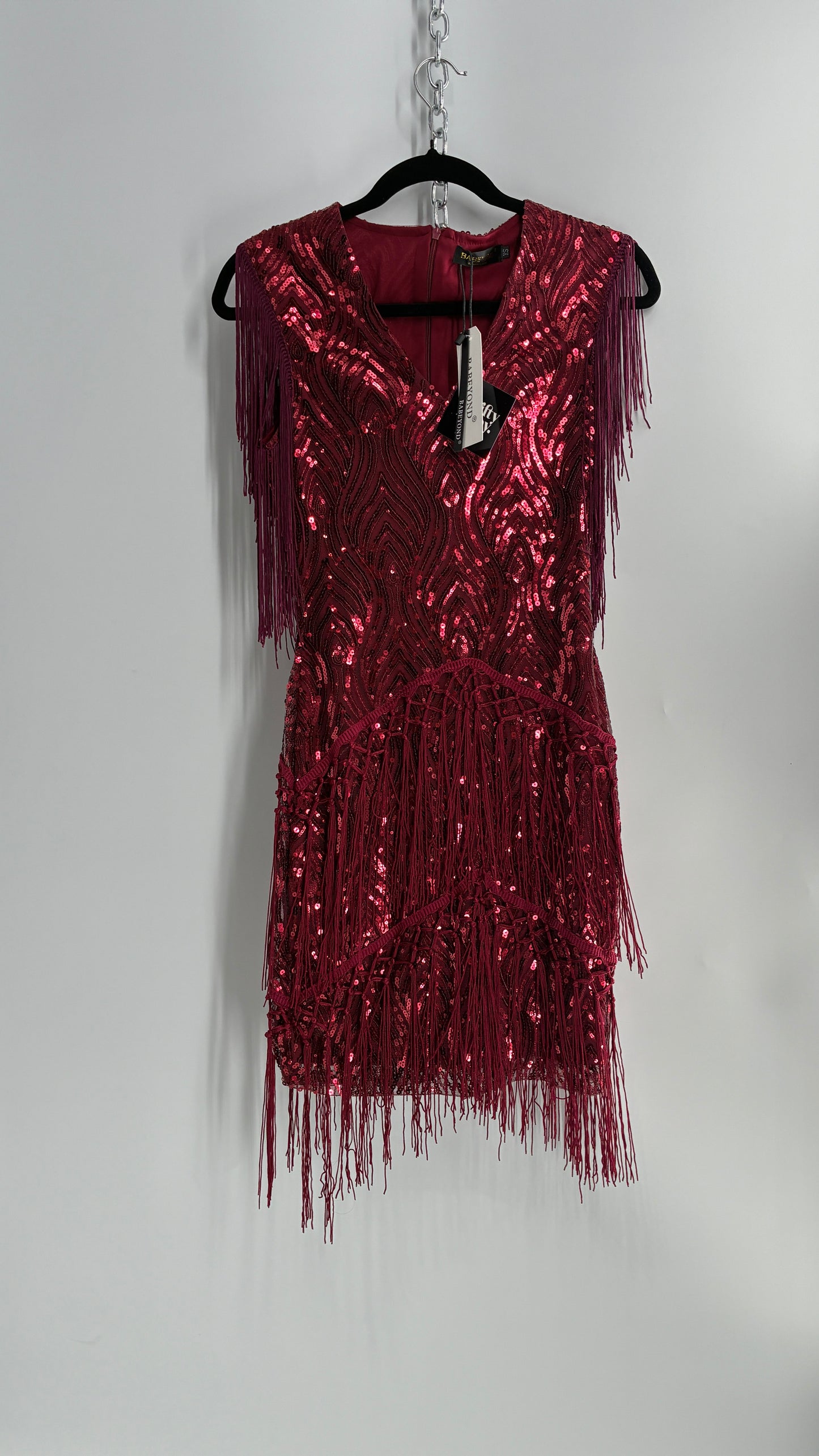 BABEYONO Maroon Sequin Fringe Bodycon Mini Dress (XS)