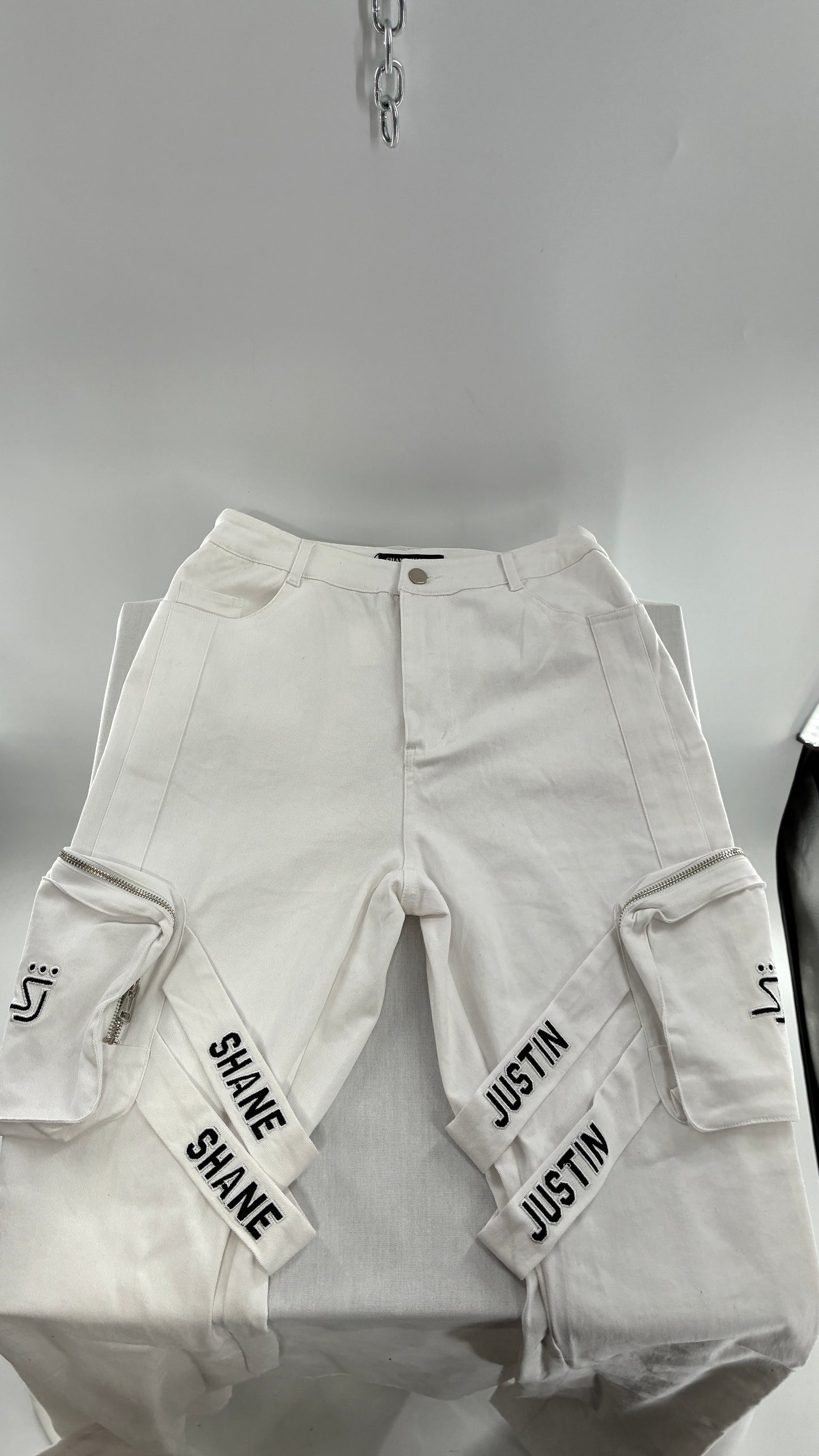 Designer SHANE JUSTIN White Stacked Extendo Cargo Pants with Embroidered Logo Pants and Tags Attached (Small)