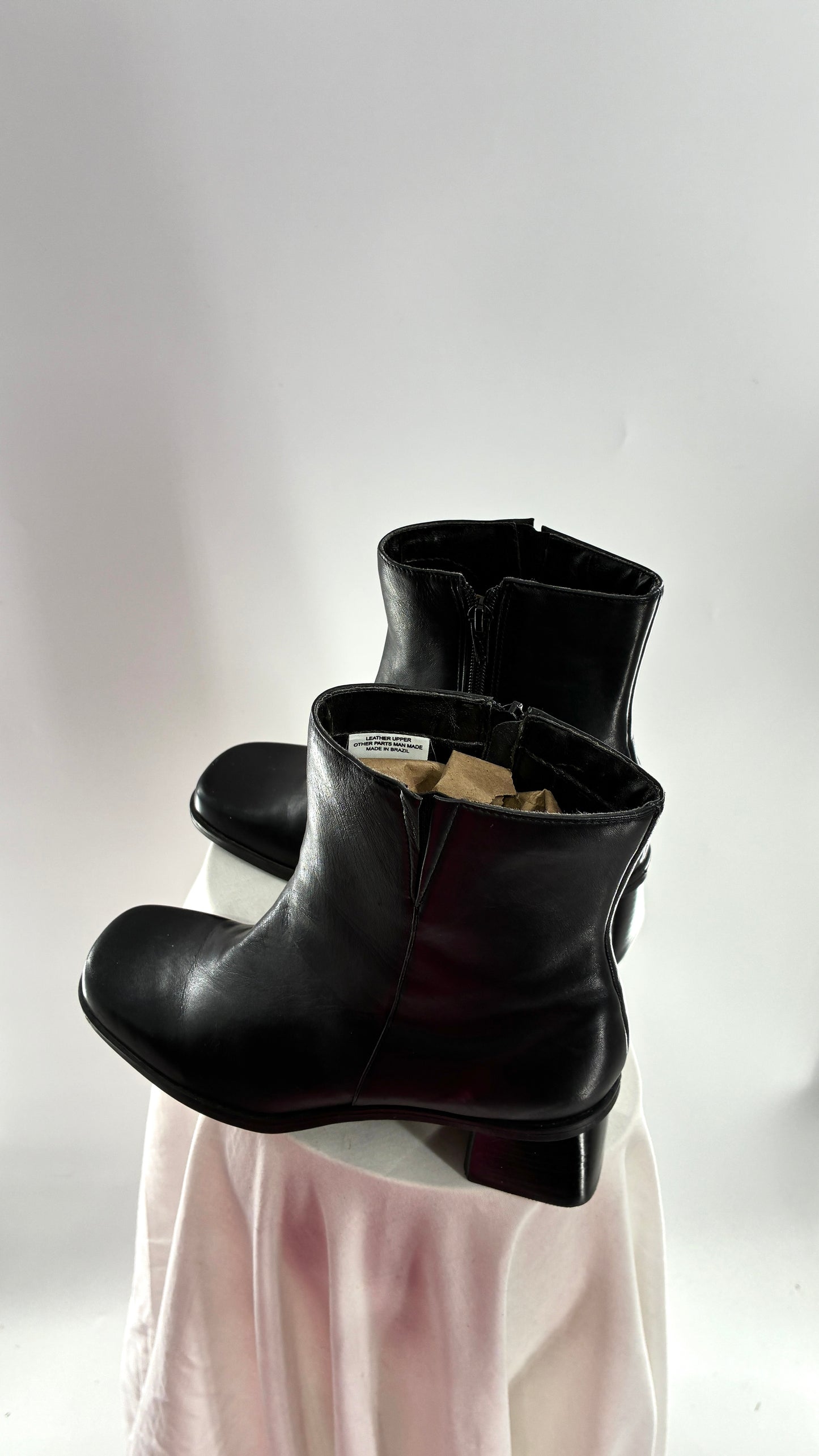 Vintage Naturalizer Black Square Toe Genuine Leather Block Heel Boots Made in Brazil (8)