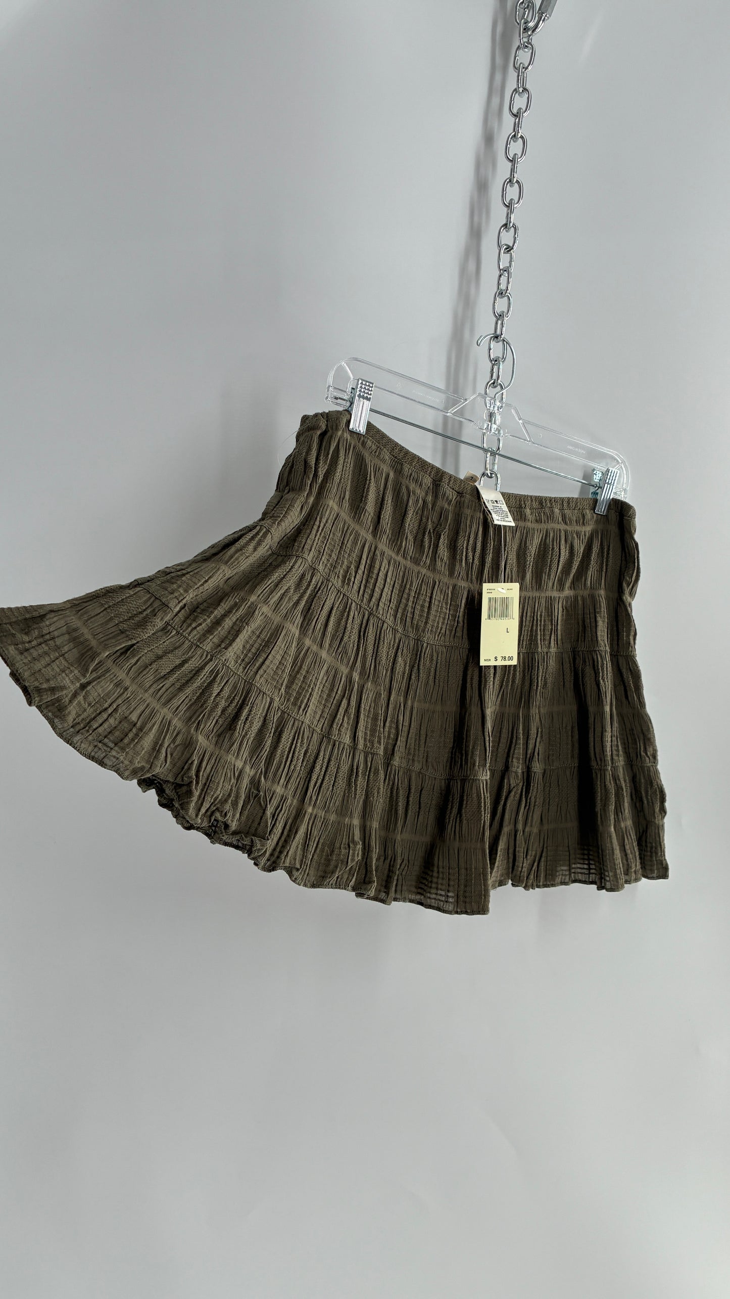 Deadstock Vintage FILENES BASEMENT Army Green Tiered Crimped Cotton Micro Mini Skirt (Large)