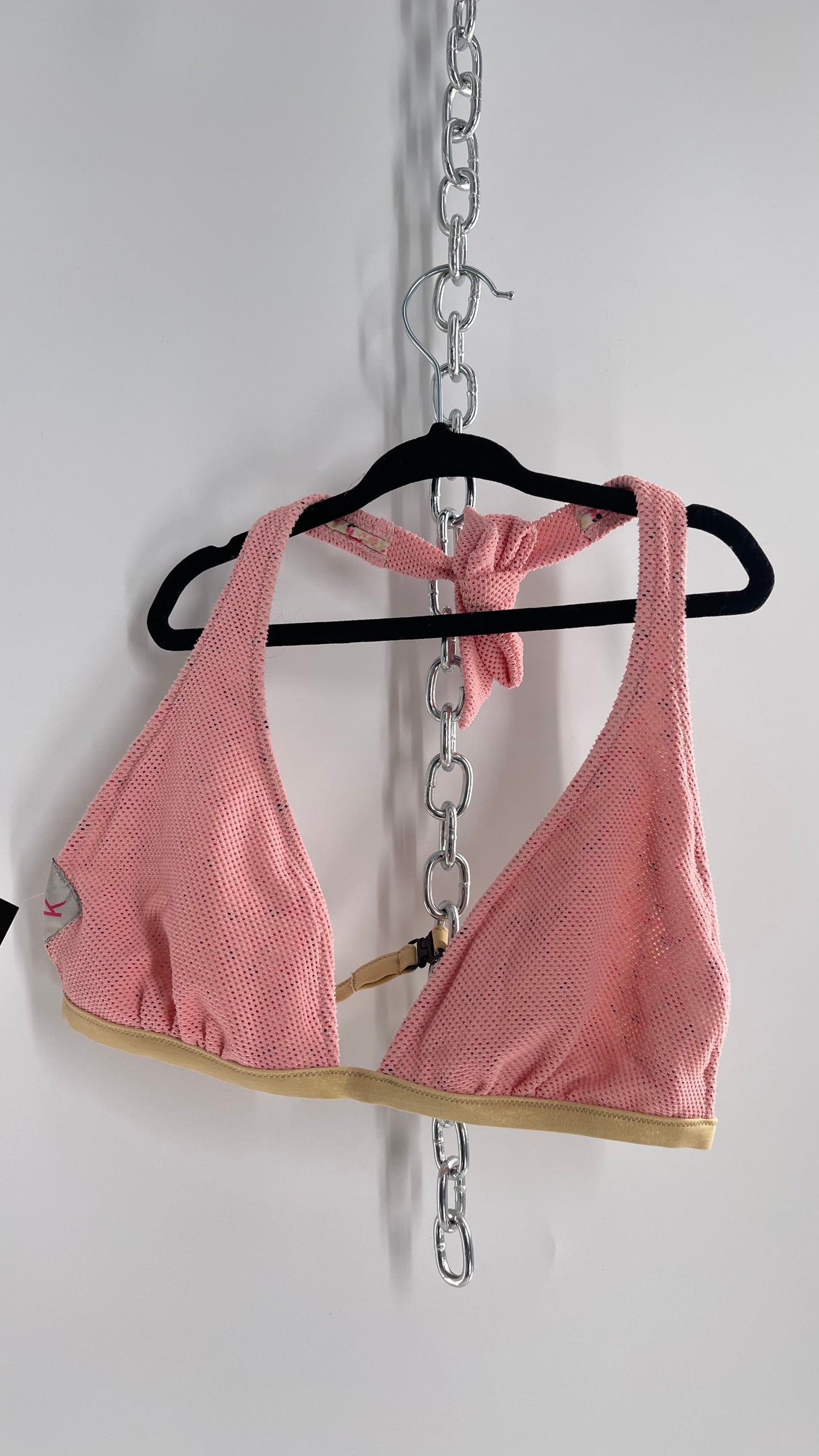 K ti per te Pink Floral and Mesh Halter Swim Top with Gold Glitter Strap (Medium)
