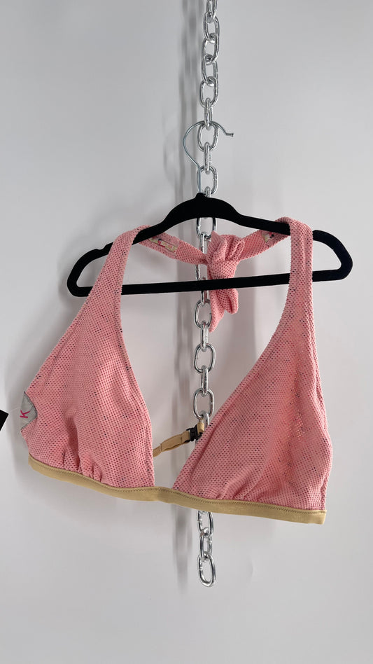 K ti per te Pink Floral and Mesh Halter Swim Top with Gold Glitter Strap (Medium)