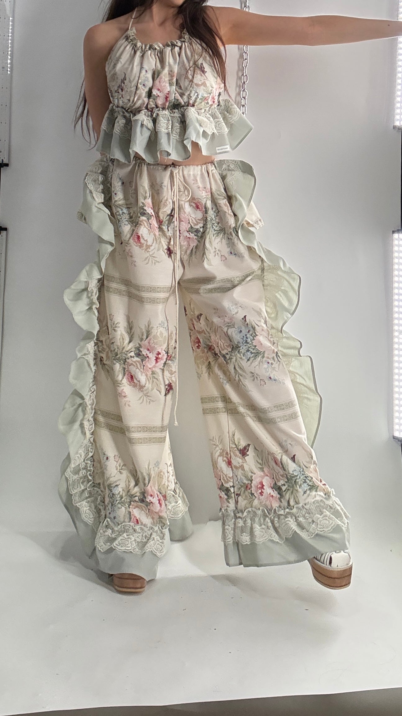 Handmade Vintage Muted Florals Two Piece Set with Adjustable Waist and Bust Lines (XS-XL)