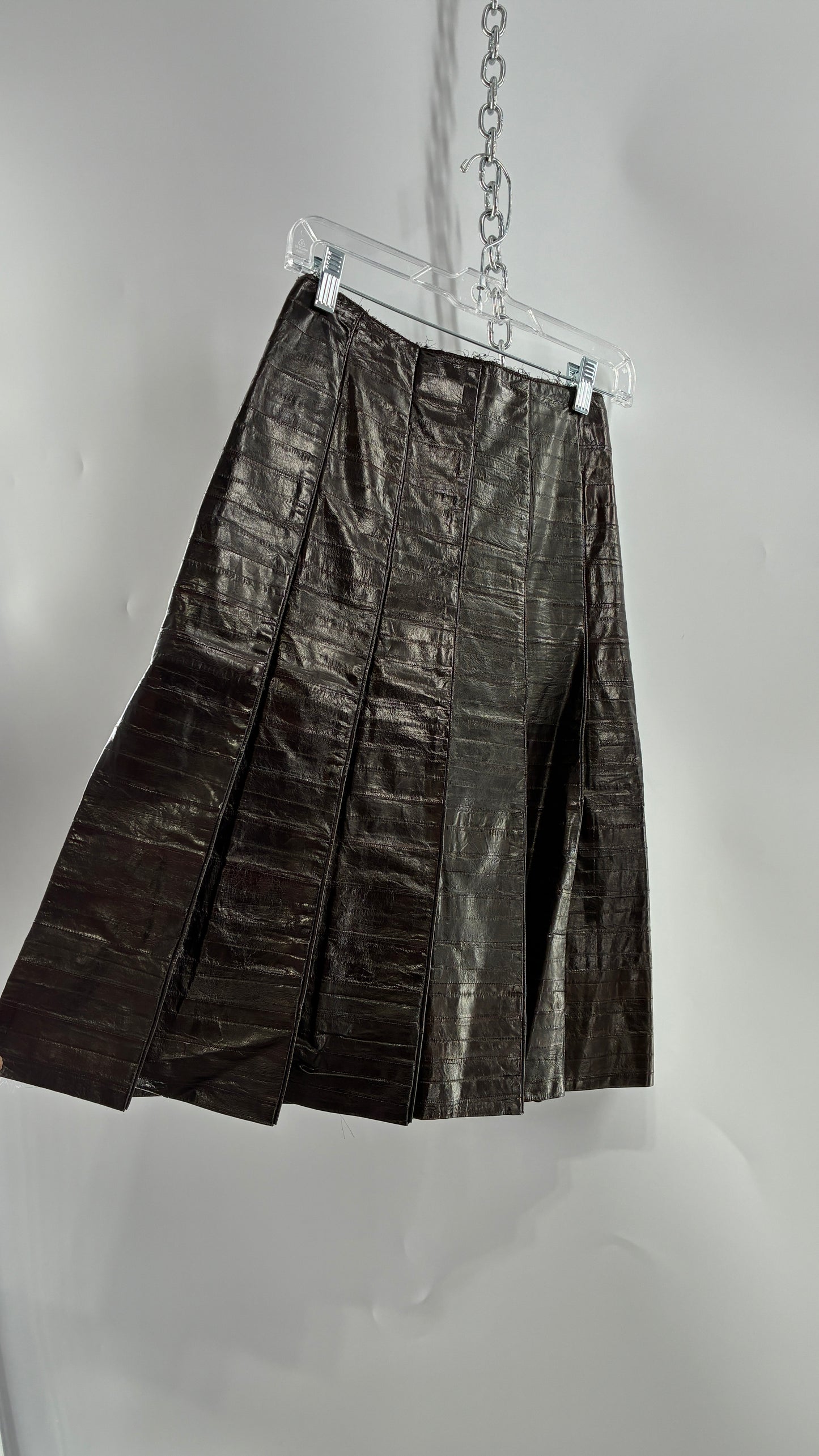 Vintage Handmade Pleated Dark Brown Genuine Leather Patchwork Skirt (XS)