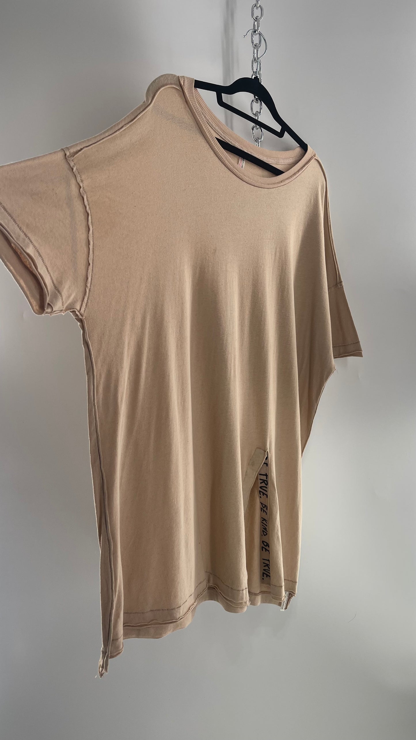 Free People Movement Oversized Light Beige Short Sleeve T-Shirt with Slit Embroidered Detail (Size XS)
