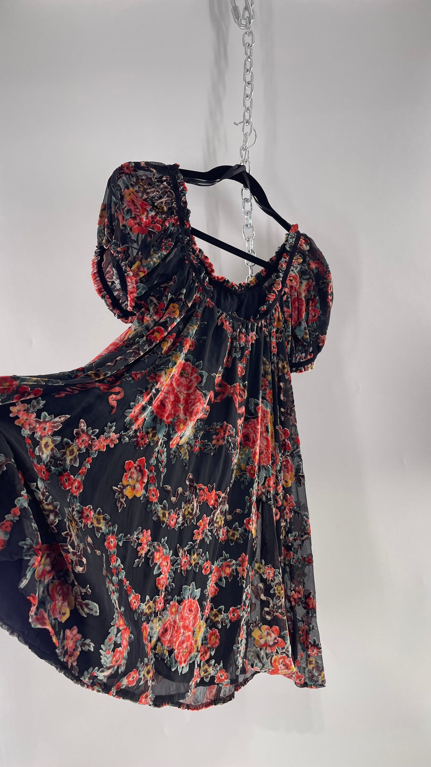 Free People Beautiful Blooms Velvet Florals Babydoll Dress (Small)