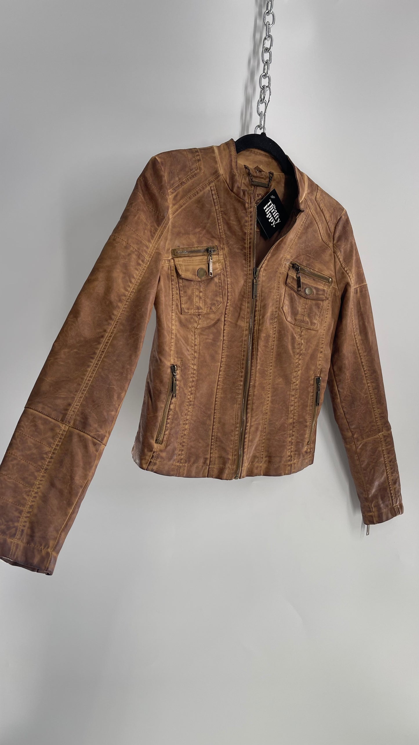 Vintage Brown Vegan Leather Distressed Motorcycle Jacket (Small)