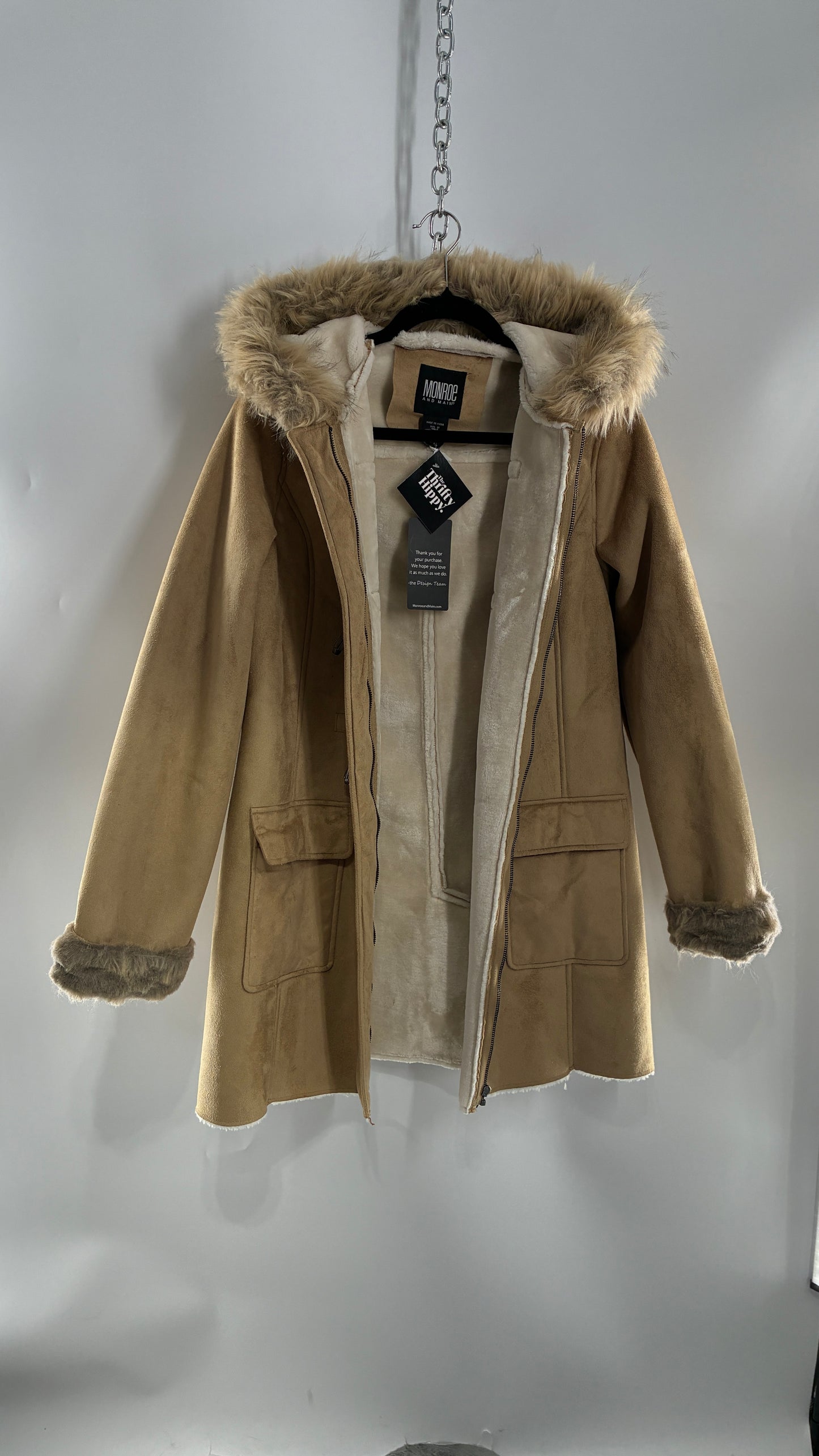 Deadstock Vintage MONROE AND MAIN Vegan Suede Coat with Fur Cuffs and Hood, Tags Attached (Medium)