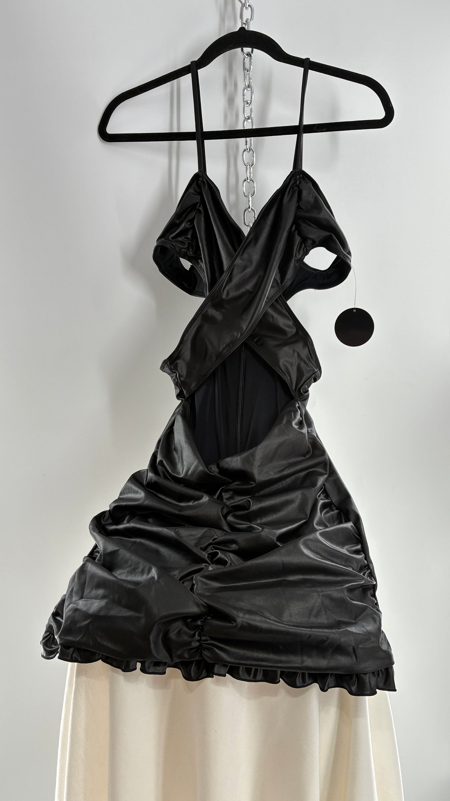 Deadstock Vintage HOT MIAMI STYLES Black Mini Dress with Ruffled Hem, Cut Out Design, and Ruched Body (Large)