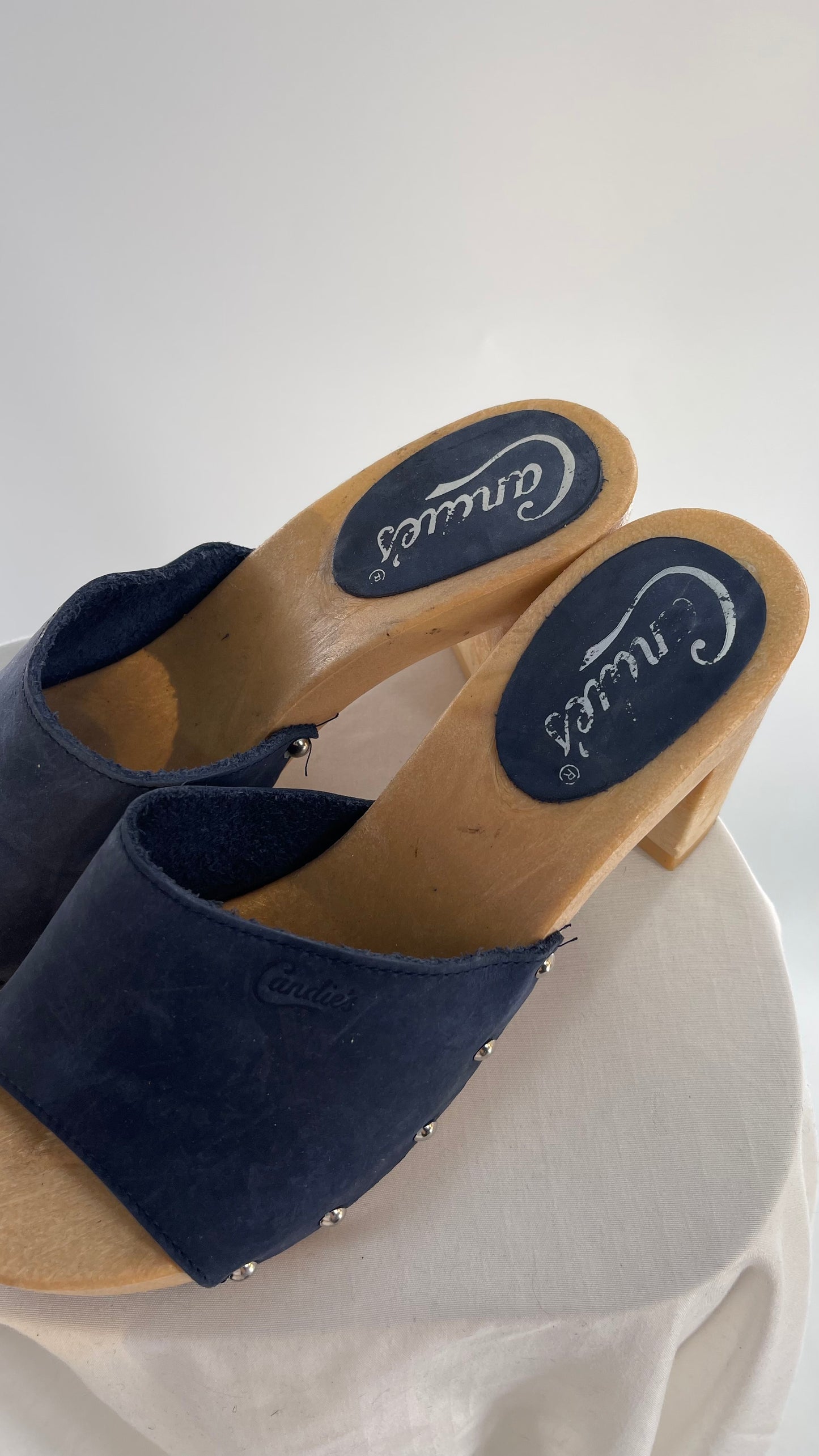 Vintage Candies 1980s Navy Blue HOT Side Studded High Heel Slides (8)