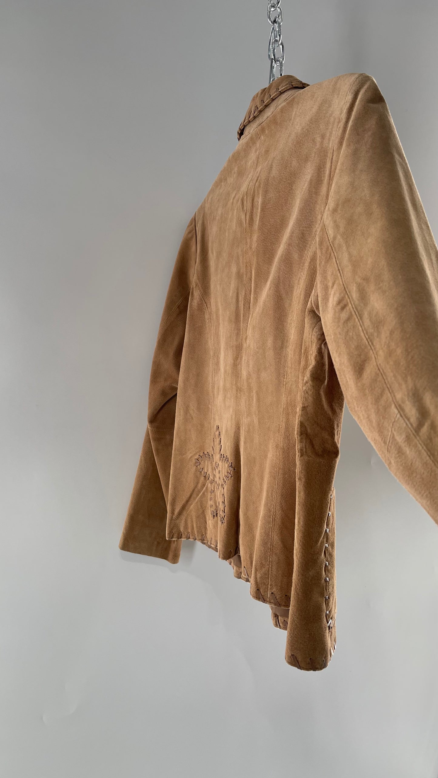 Vintage Rare Light Brown Genuine Suede Blazer with Embroidered Suede Flower and Contrasting Thick Leather Stitching (Medium)