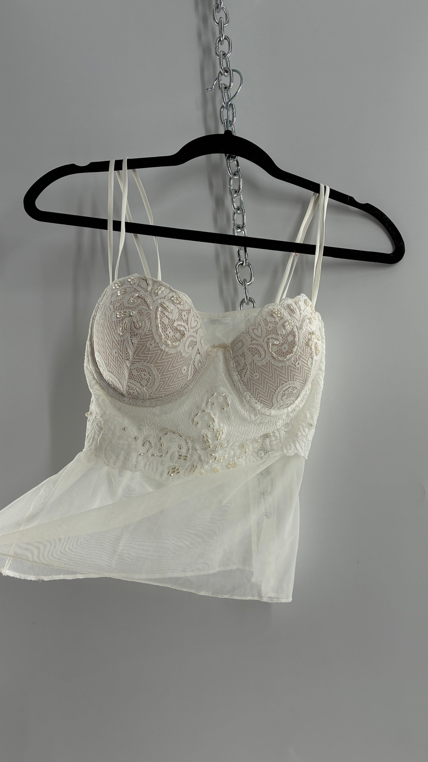 Vintage LA FRESCA White Lace Bustier Babydoll with Mesh Bodice and Beaded Cups/Band (Large)