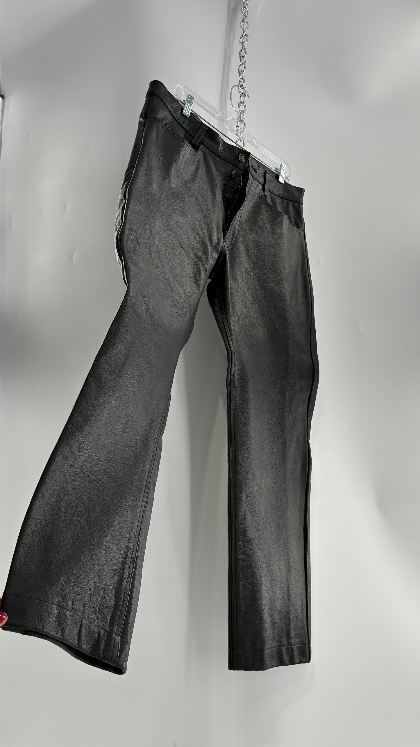 Vintage Button Front, French, Black, Thick Genuine Leather Pants (36)