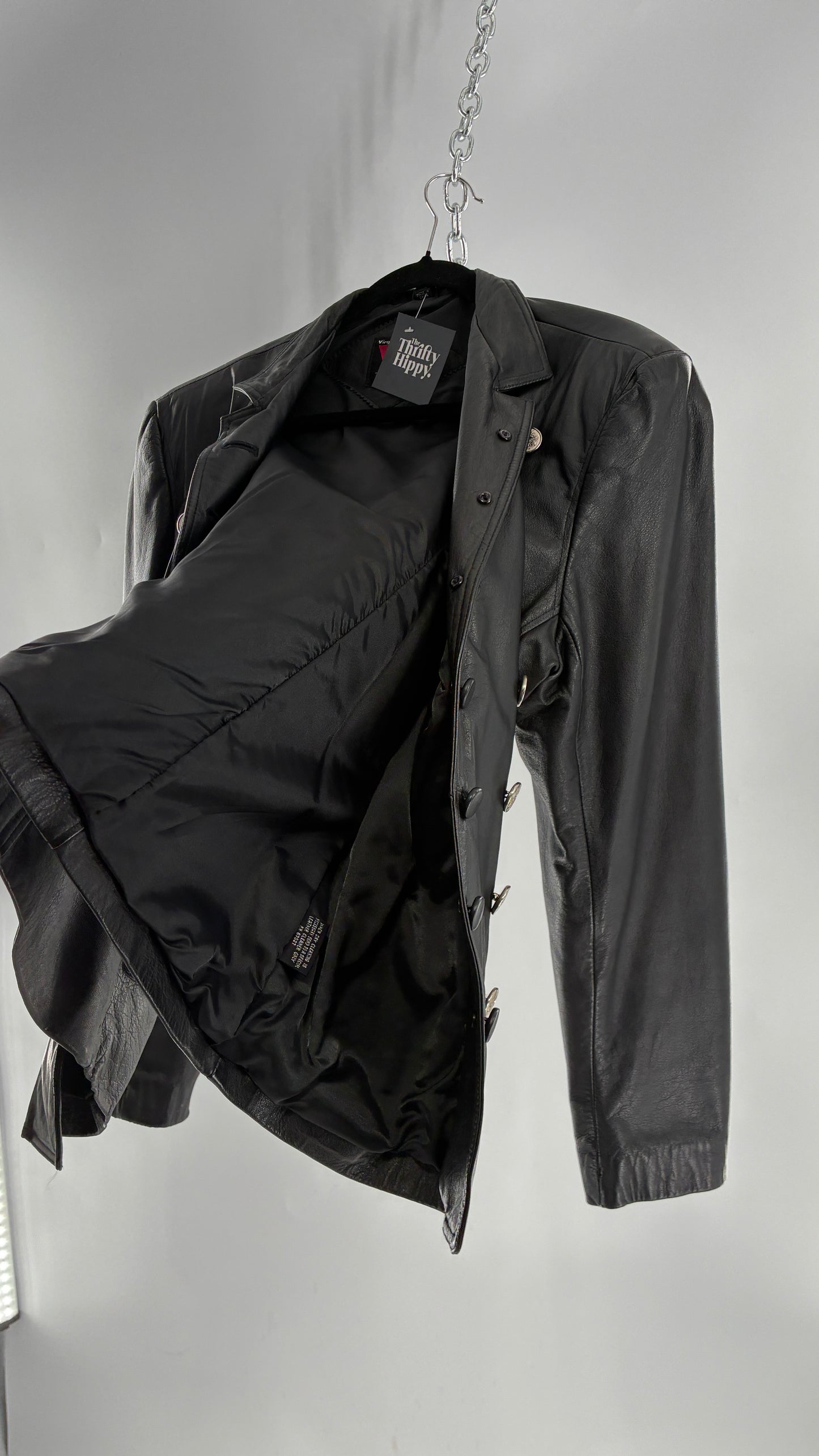 Vintage Virginia Slims Black Genuine Leather Military Jacket with Double Breasted Embossed Buttons (Large)