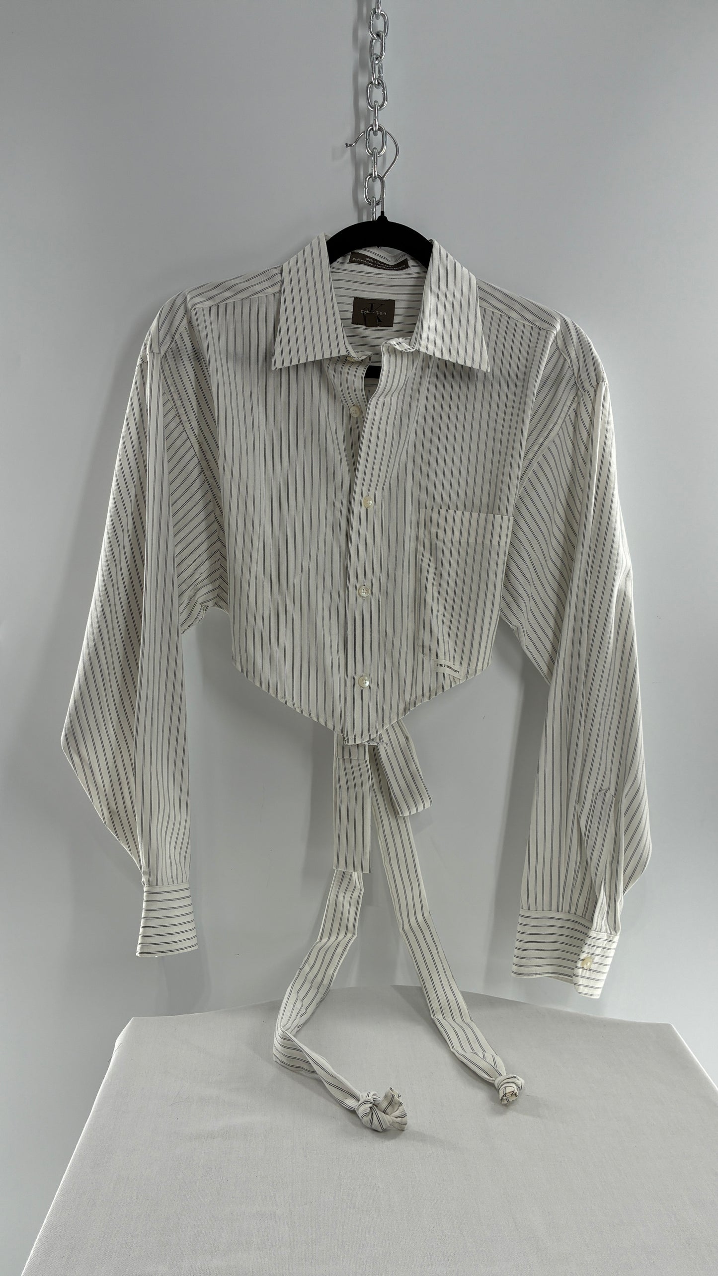 Vintage CALVIN KLEIN Reworked Button Front Backless White Striped Blouse (One Size)