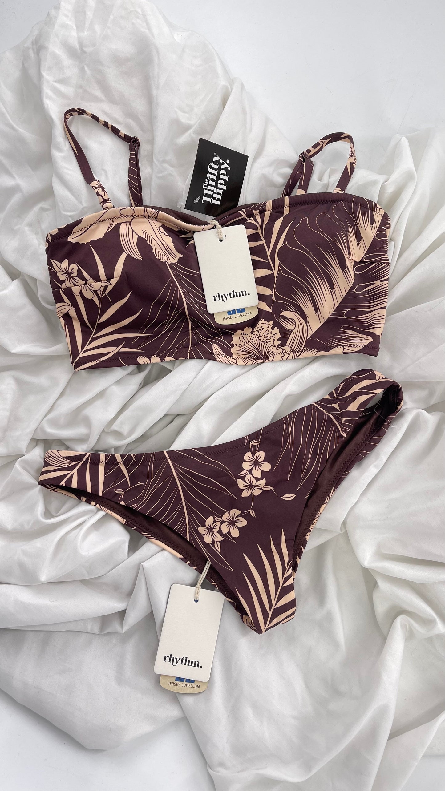 RHYTHM Brown and Beige Tropical Palm Patterned Swim Set with Tags Attached (Medium)