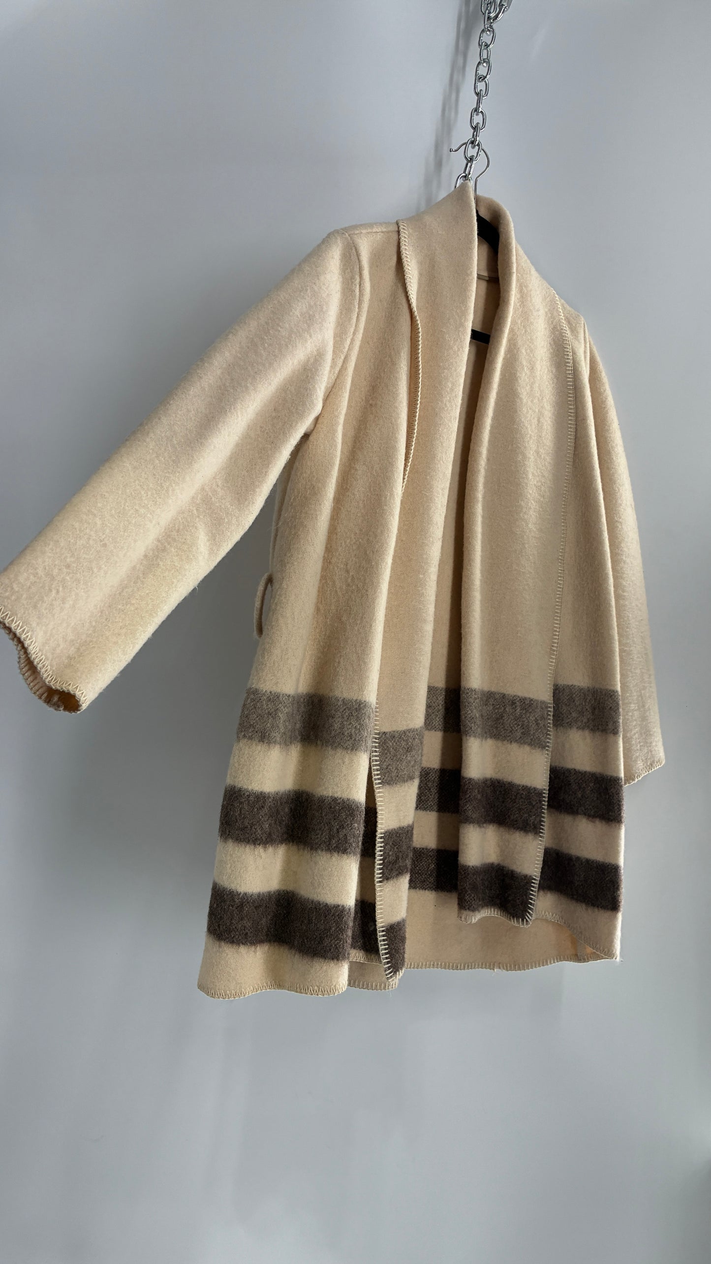 Vintage WOOLRICH Off White 100% Wool Striped Overcoat with Belt Loops (S/M)