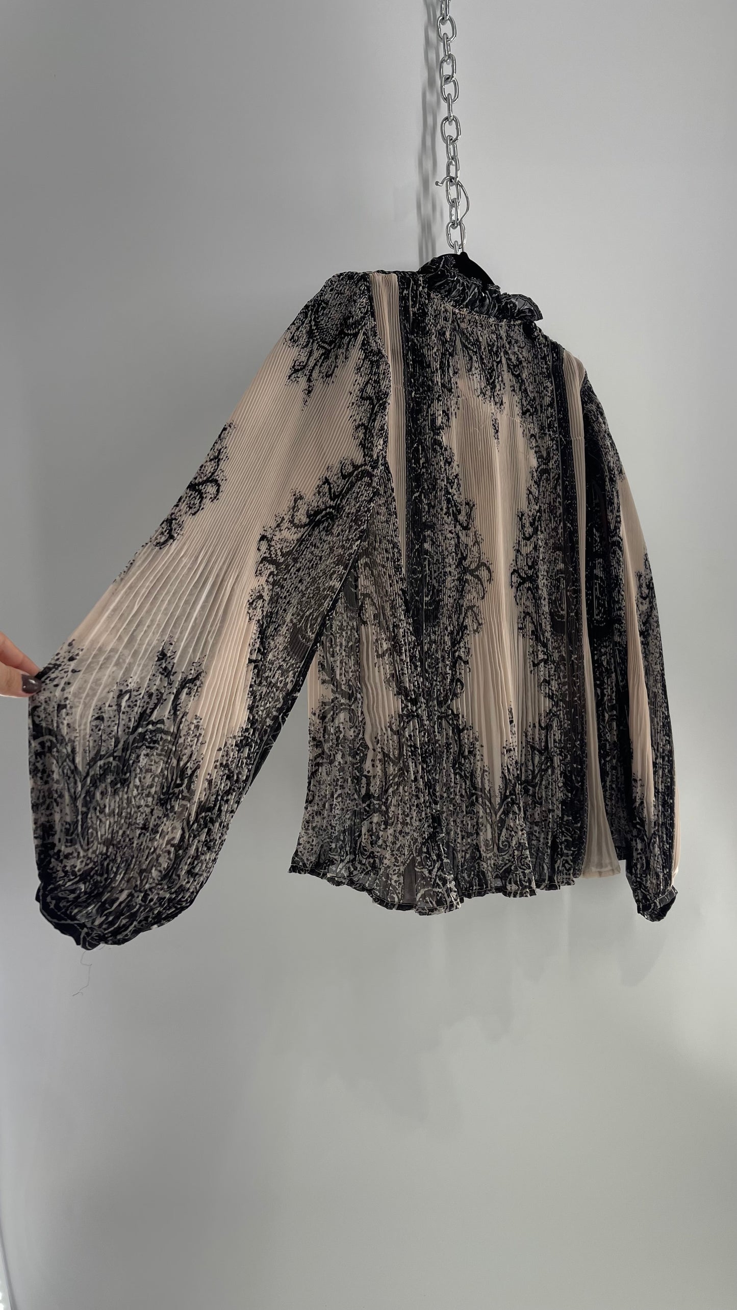 Forever that Girl Brocade Black and Dusk Pleated/Fluted Blouse with Tags Attached (Medium)