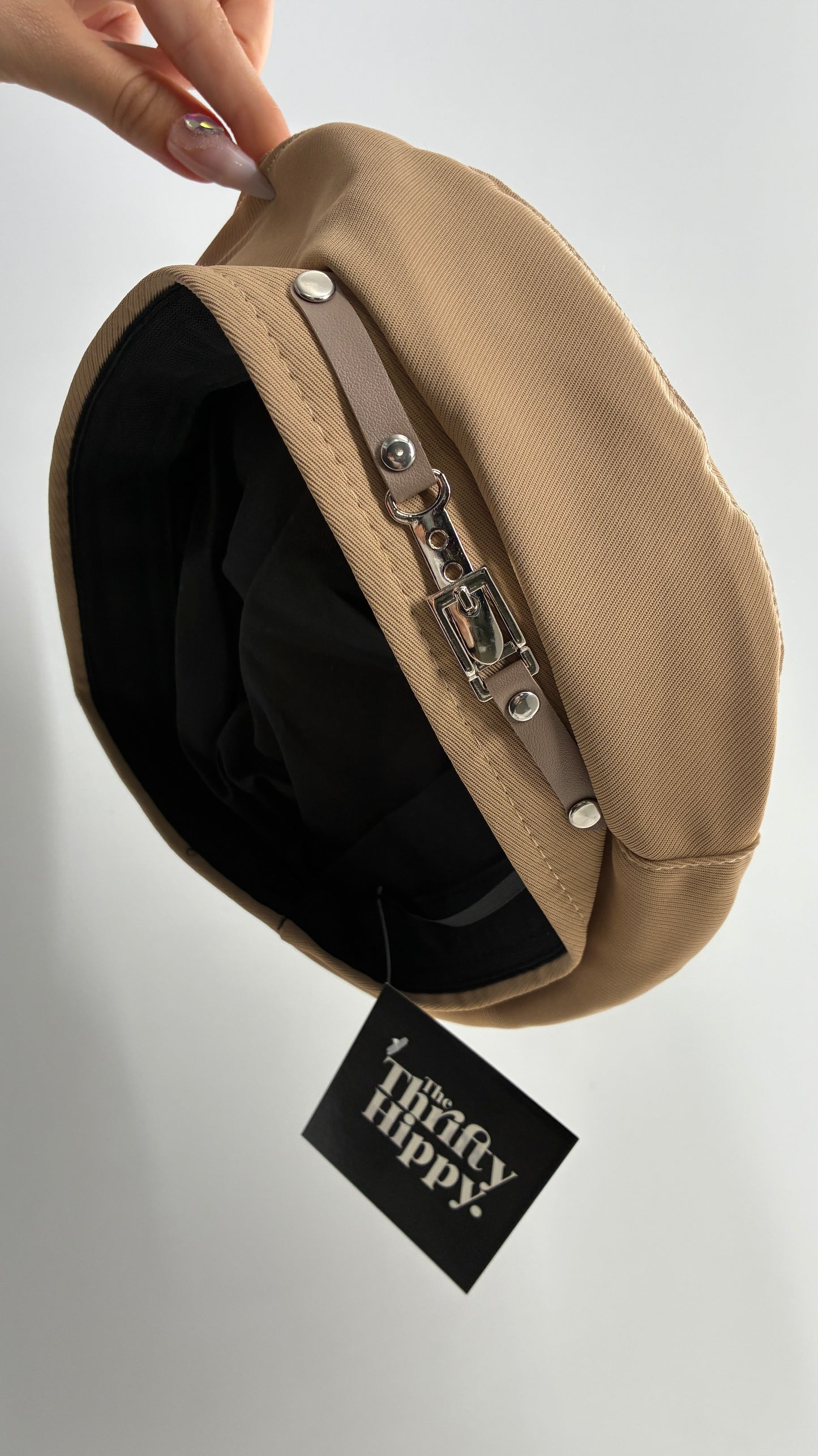 Tan Beret with Vegan Leather Strap and Silver Metal Hardware