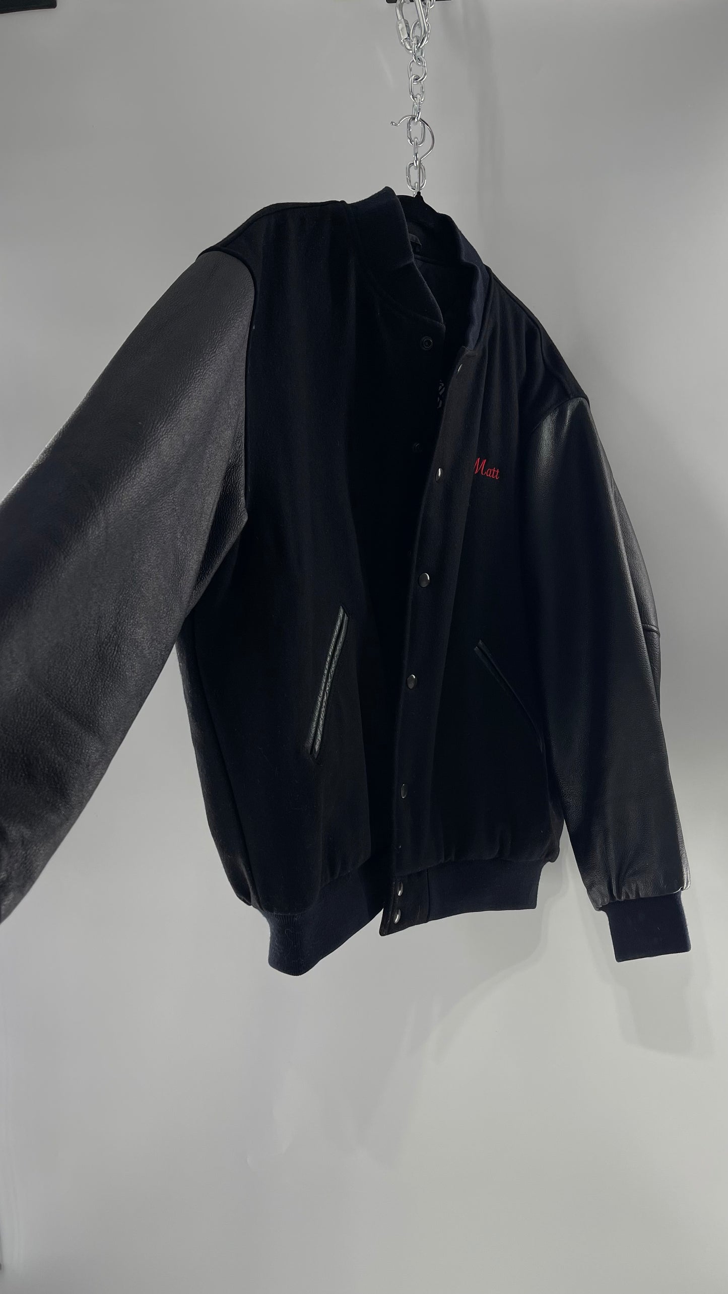 Vintage Somers Football Varsity Jacket with Leather Sleeves “Matt” Embroidery and Red Lettering (XL)
