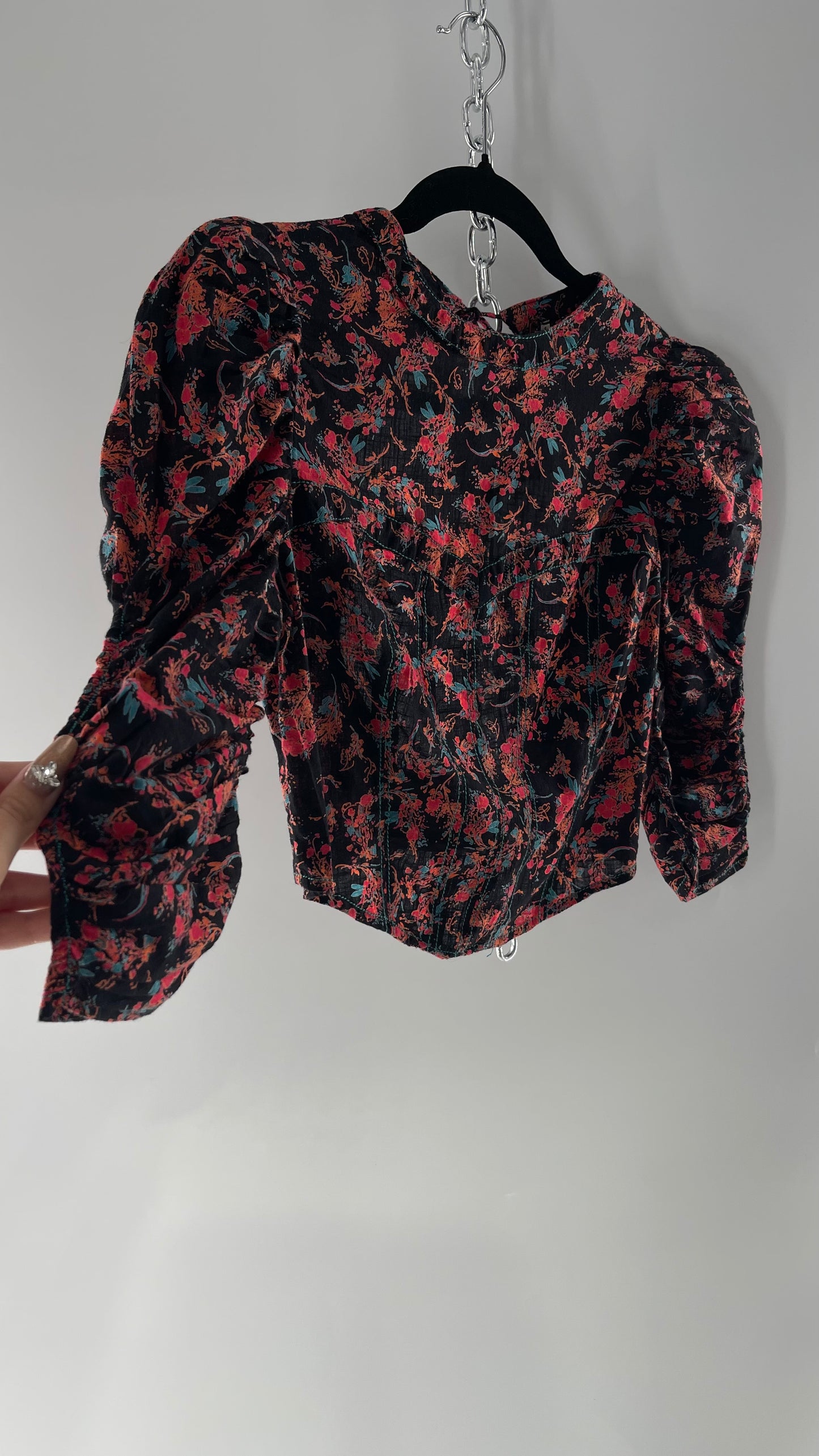 Free People Black Corset-esque Crop Top with Open Back and Ruched Sleeves (XS)