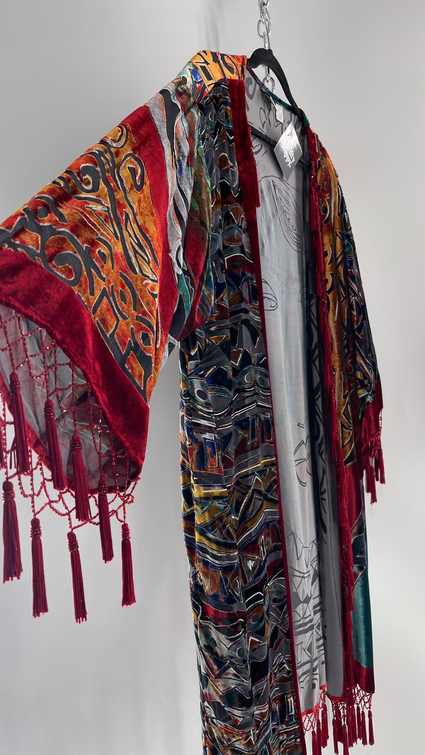 Vintage Burnout Buddhist Motif Velvet/Velour Beaded Fringe Duster Coat/Kimono with Tassel Sleeves and Hems (M/L)