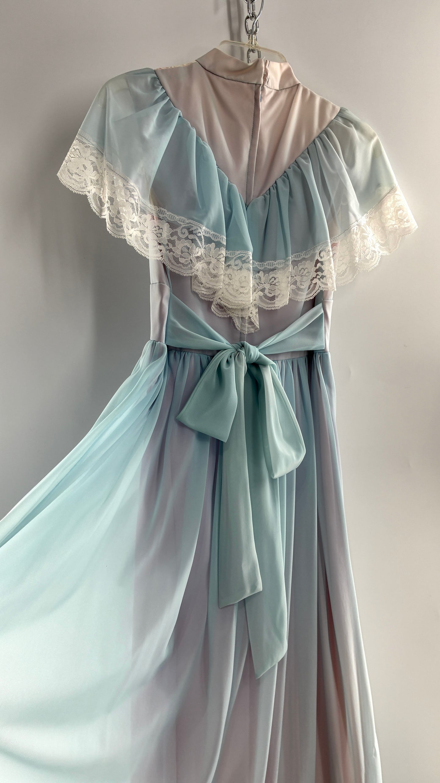 Vintage Handmade 1960s Powder Blue Overlay, Lilac Underlay Gown, Prairie Wedding Dress