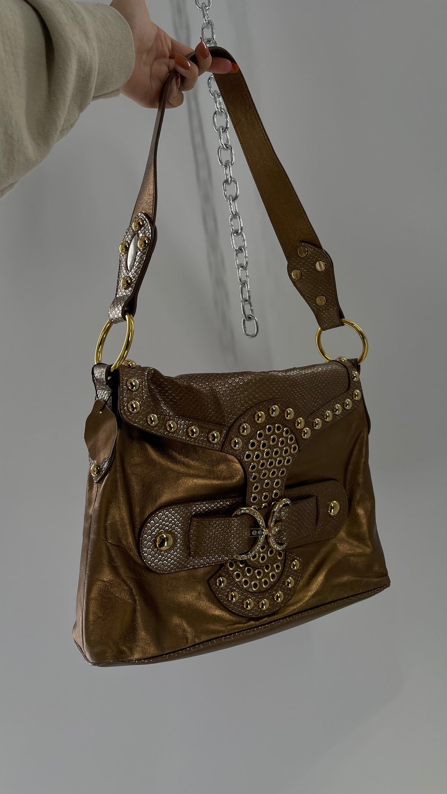 Deadstock Vintage The Find Grandeur Bronze Bag with Grommets, Gemstones, Studs and Exaggerated Buckle