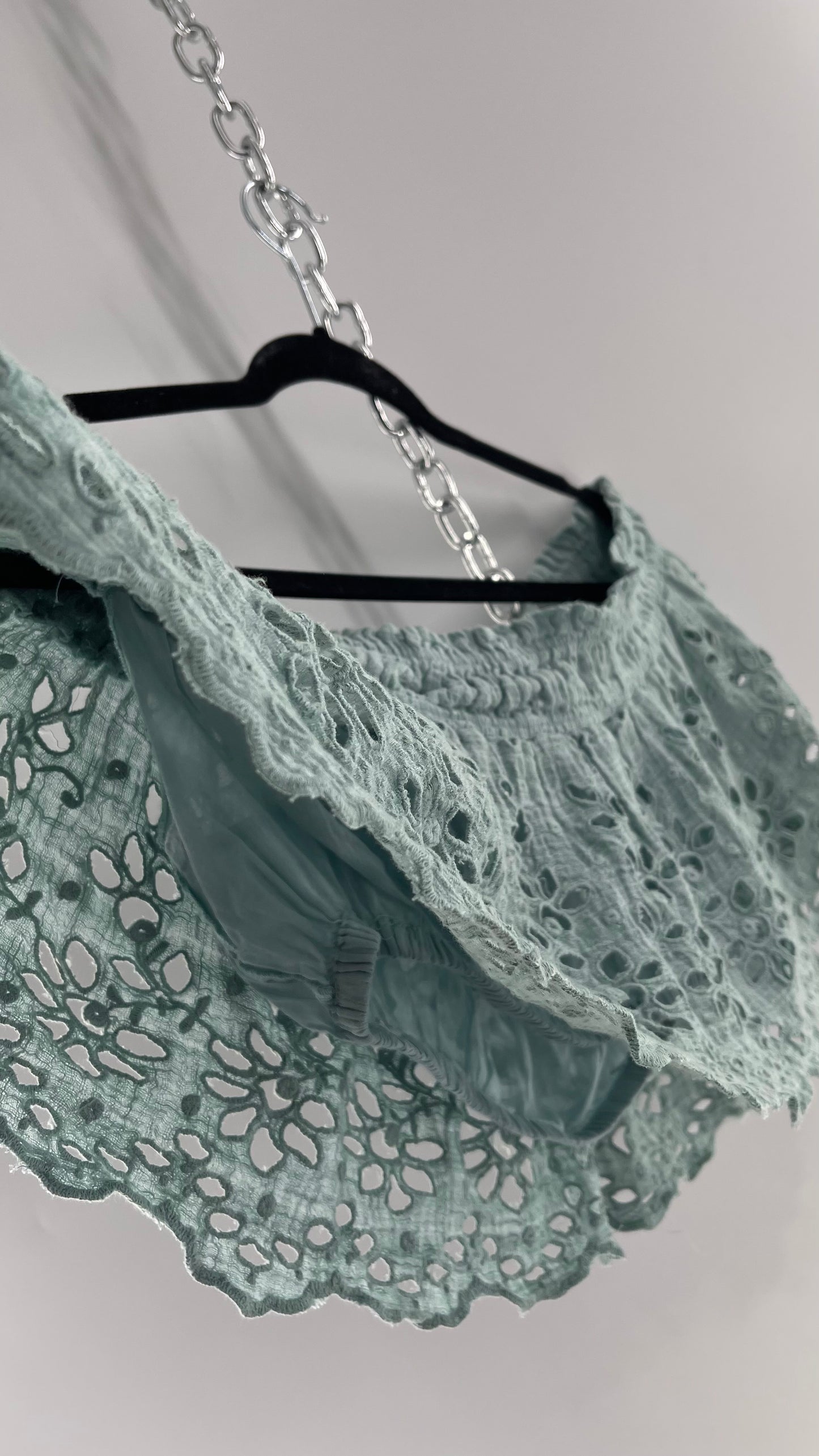 Free People Eyelet Cotton Teal Blue Off the Shoulder Ruffle Bandeau (Medium)