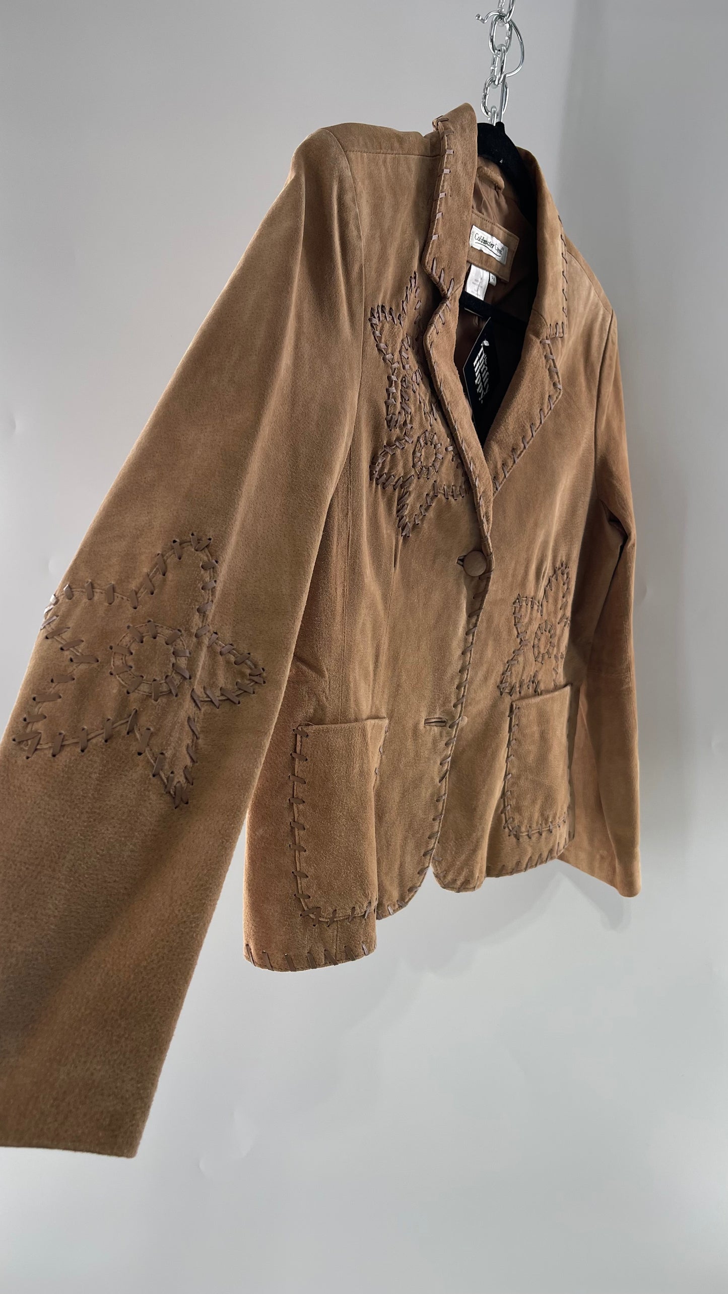 Vintage Rare Light Brown Genuine Suede Blazer with Embroidered Suede Flower and Contrasting Thick Leather Stitching (Medium)