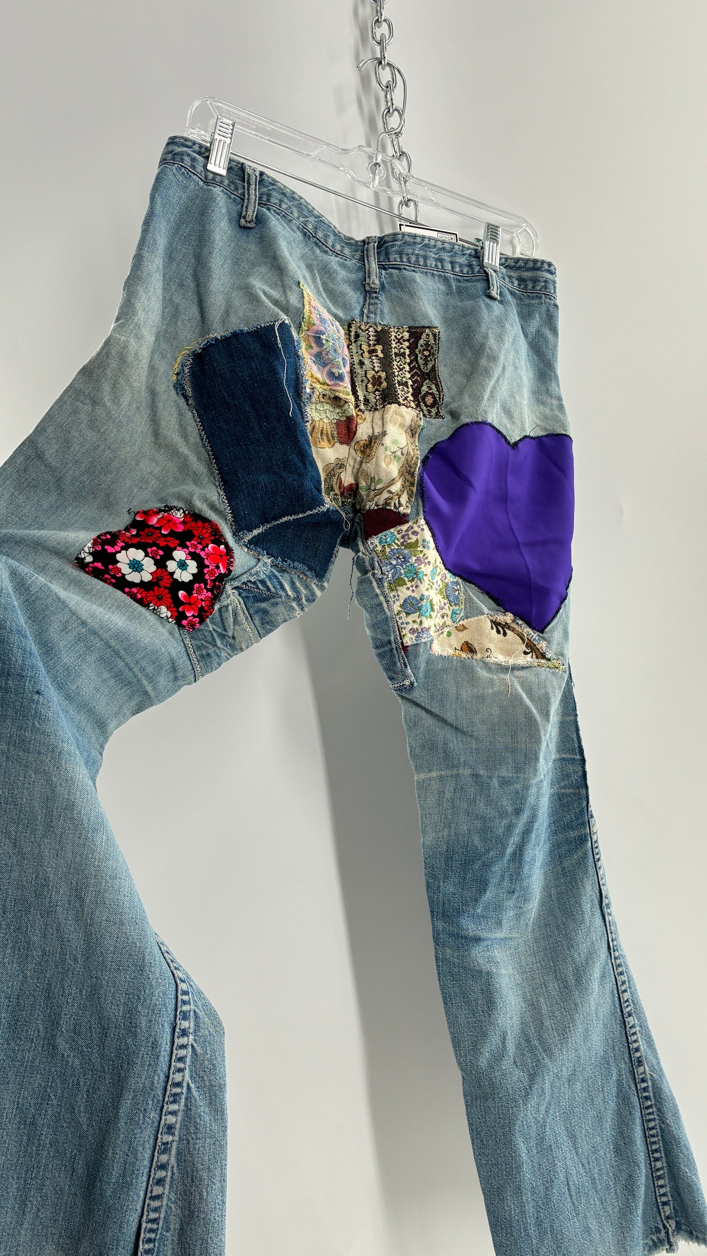 Vintage Rare 1970s Light Wash, Low Rise Boot Cut Jeans with Hand Stitched Tapestry Style Patches and Purple Heart on Bum (Measurements Below)