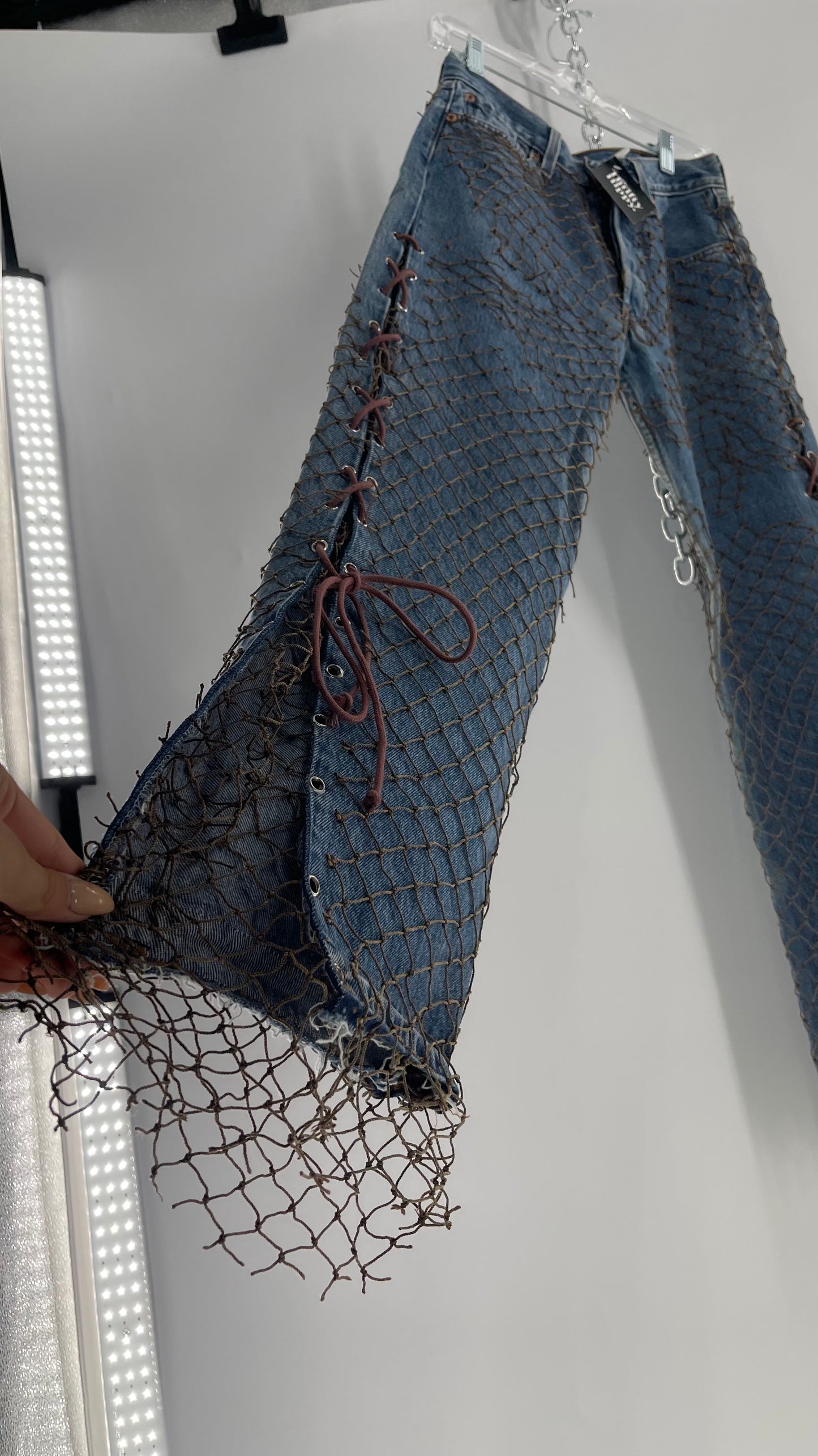 Custom - Fishnet Levi’s with Grommets and Lace Up Sides (Waist 29 Length 30) Fits Like a 26*