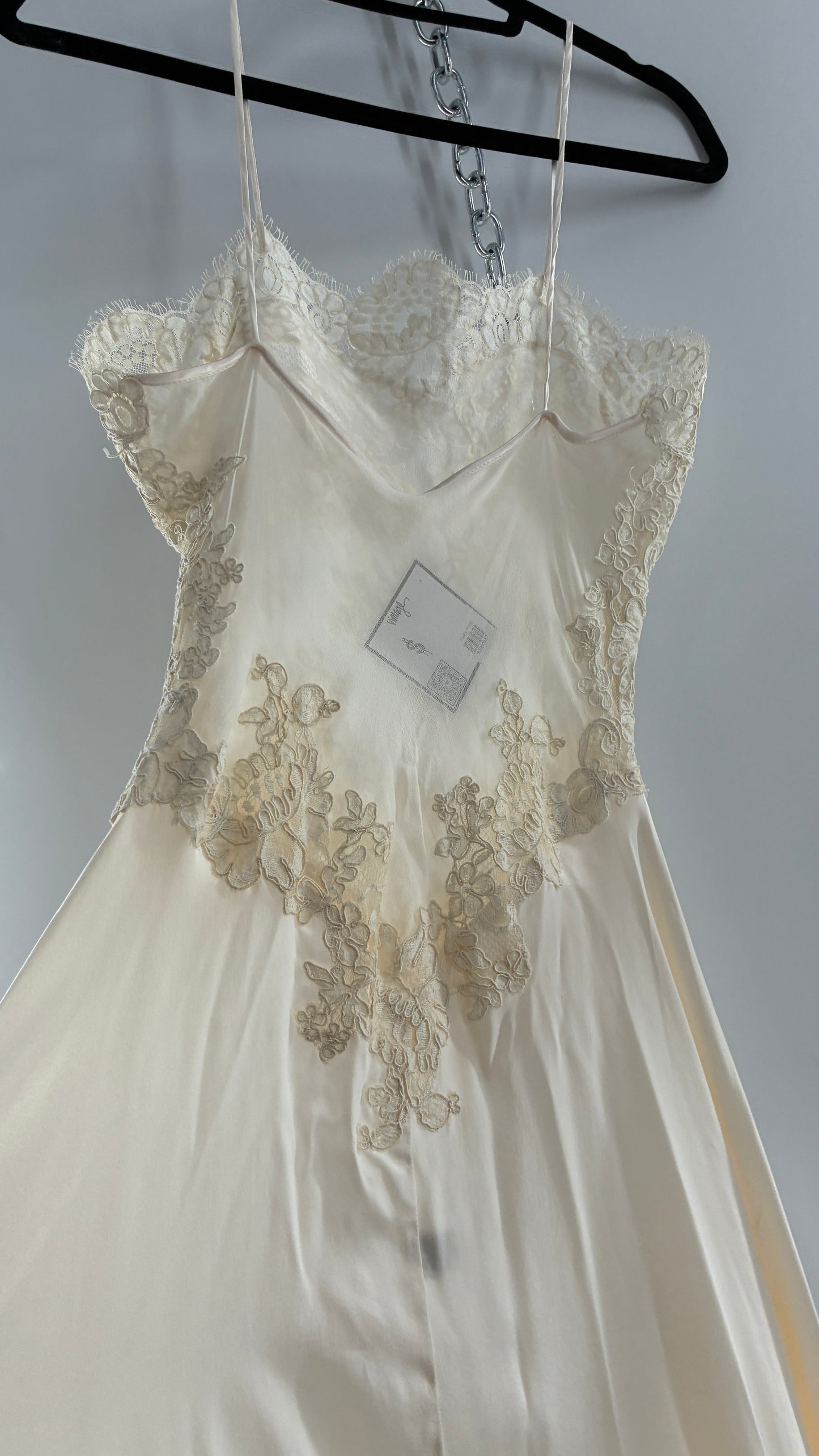 Vintage JONQUIL 100% Silk Gown with Heavy Lace Appliqués and Low Cut Sheer Back (Medium)