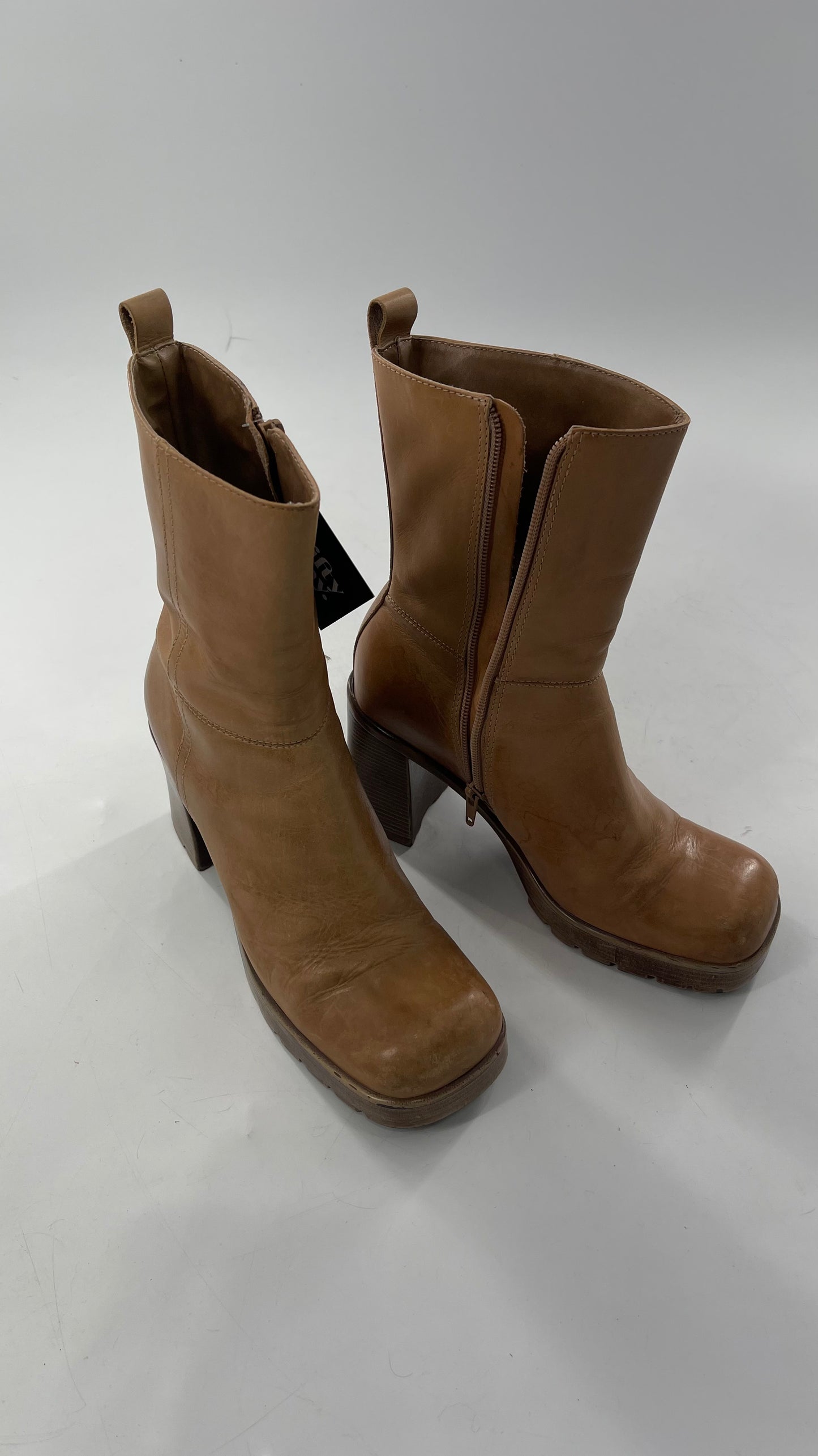 Vintage 90s Steve Madden Tan Leather Funky Square Toe Boot with Platform and Chunky Heel