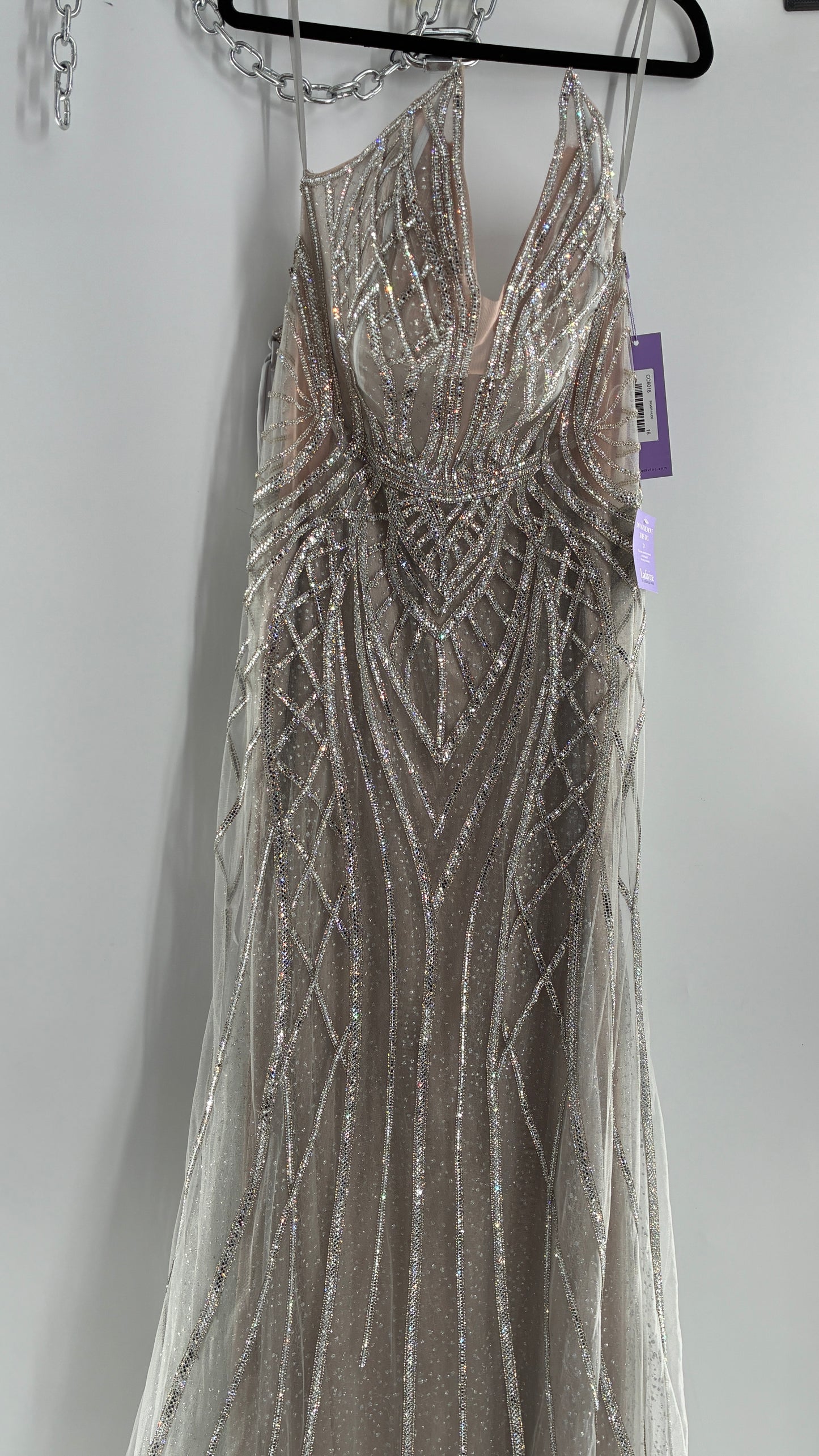 NWT LADIVINE by Cinderella Divine Silver Nude CC6018 Mermaid Corseted Gown with Multiple Layers of Tulle, Covered in Crystal Strips (16)