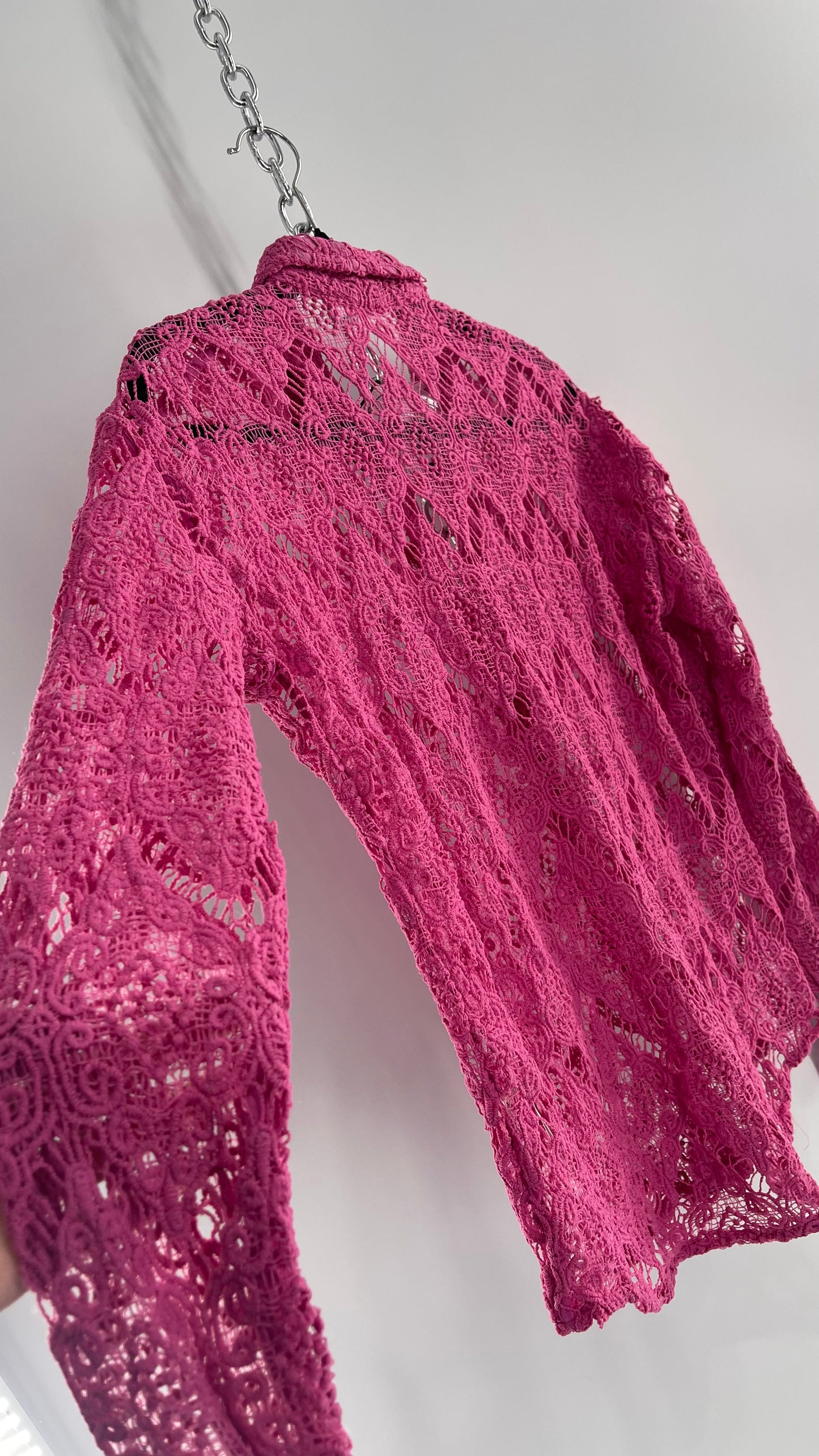 Free People Until Sunday Fuchsia Purple/ Pink Thick Lace Button Front Blouse with Coconut Buttons (XS)