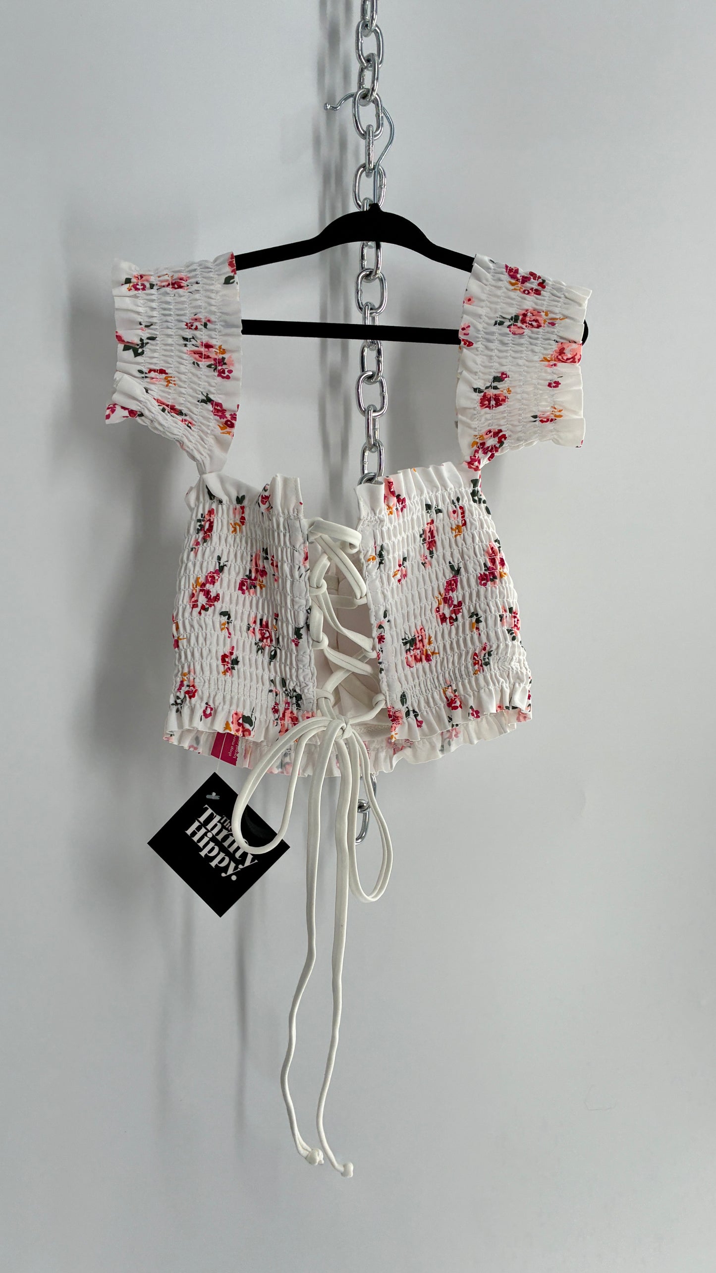 White Floral Smocked Off the Shoulder Underwire Swim Top with Tags Attached (Medium)