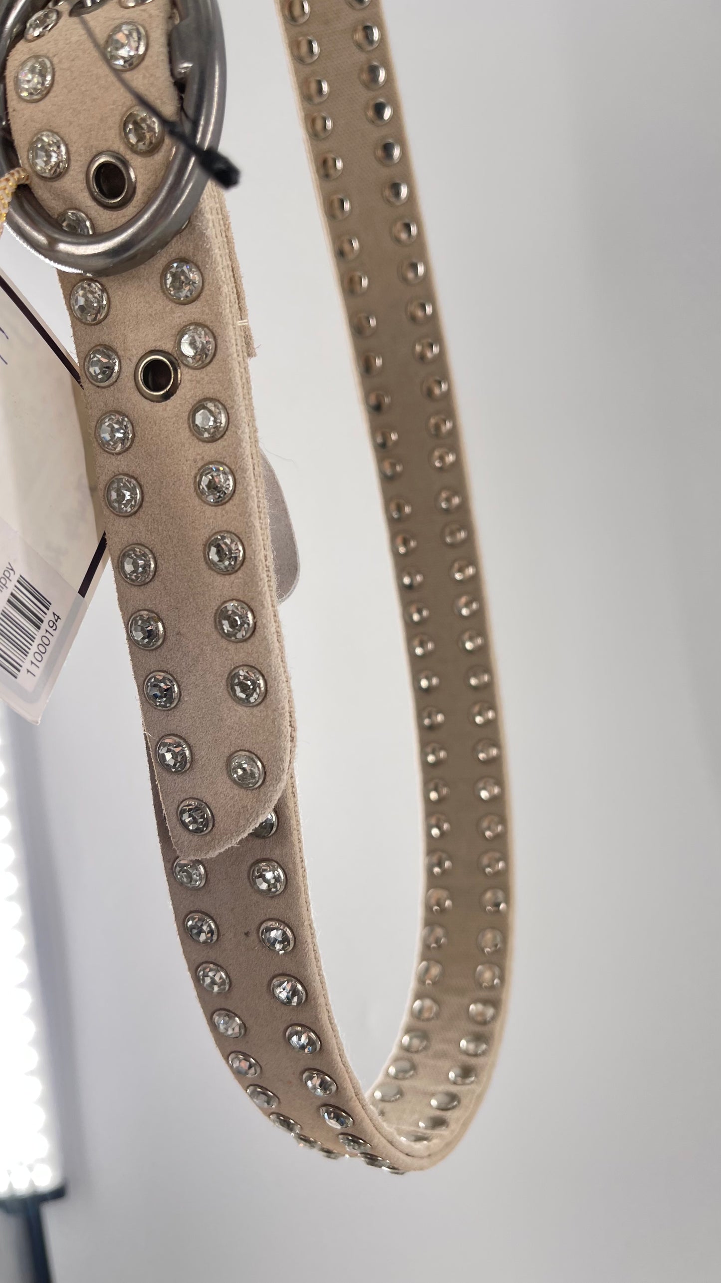 Free People Beige Leather Canvas Studded Rhinestone Crystal Studded Belt with Heavy Metal Buckle (S/M)