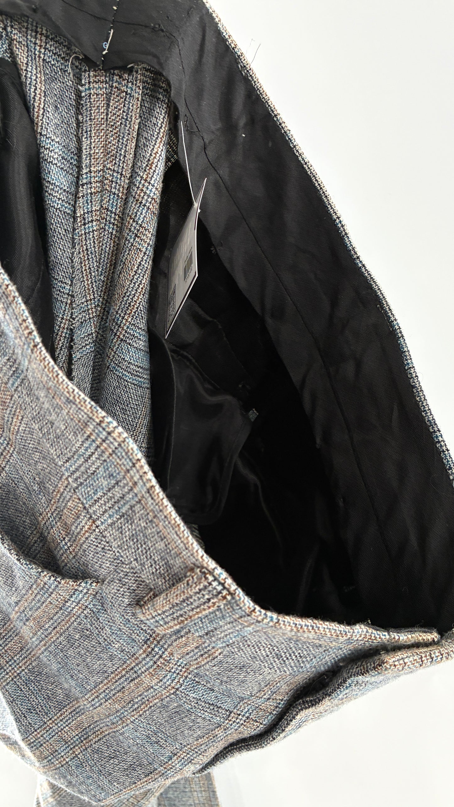 Vintage Handmade Wool Blend Woven Men’s Tailored Trousers with Grey Blue Plaid Pattern (35x32)