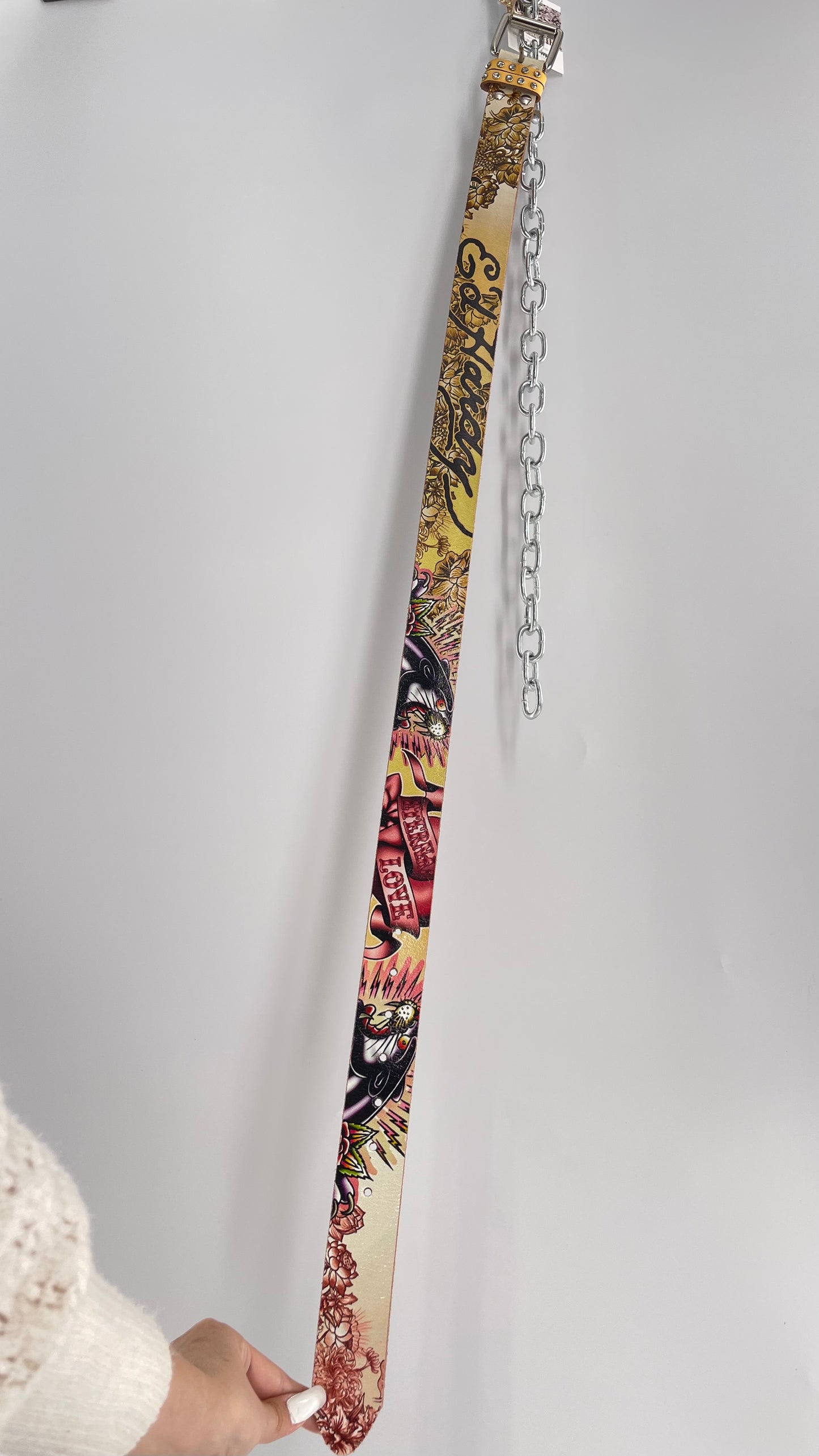 Ed Hardy Genuine Leather Belt with Rhinestones and Jaguars (M)