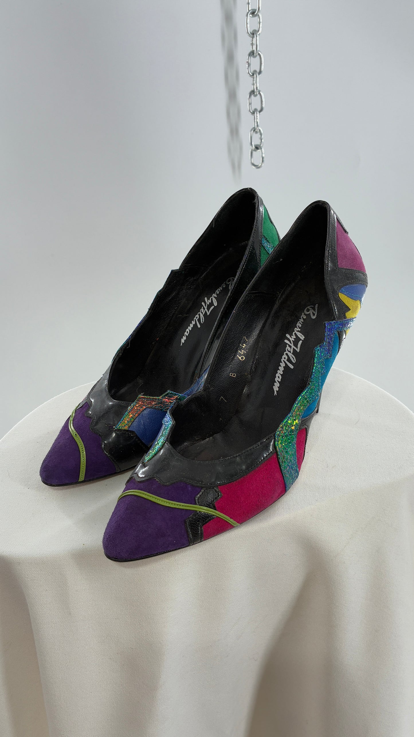 Vintage Beverly Feldman 1980s Retro, Abstract, Color Block and Iridescent Curved Heels (7)