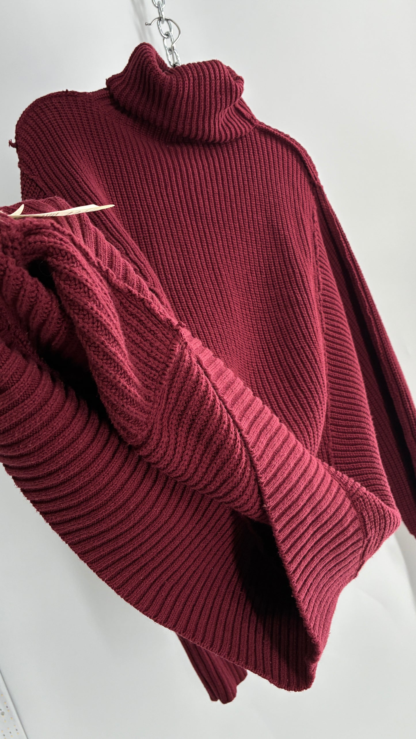 Free People Oversized Heavy Thick Knit Maroon Turtle Neck Sweater (Large)