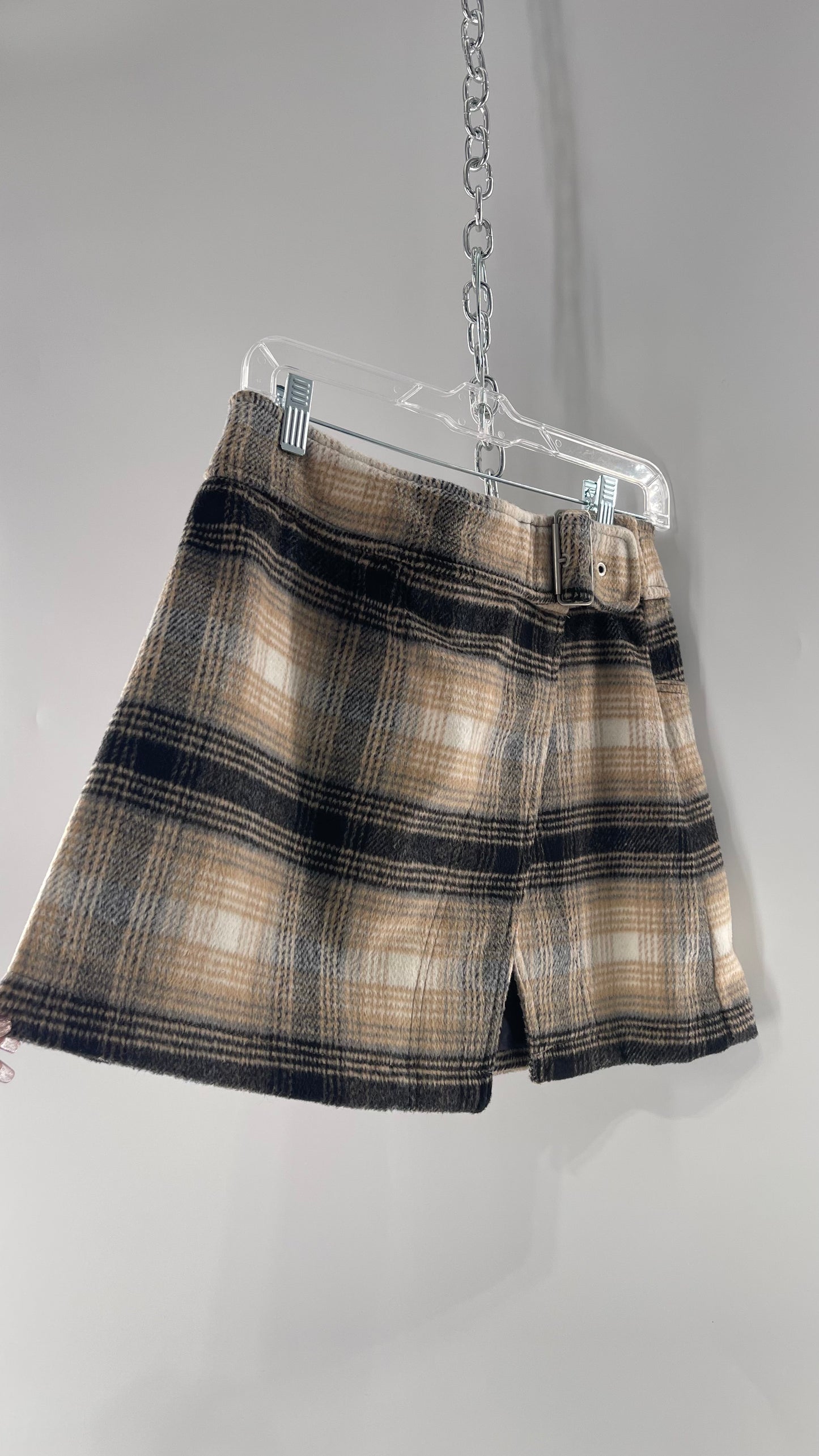 Free People Plaid Beige Gray Soft Mini Skirt with Side Slit and Built in Grommet Belt