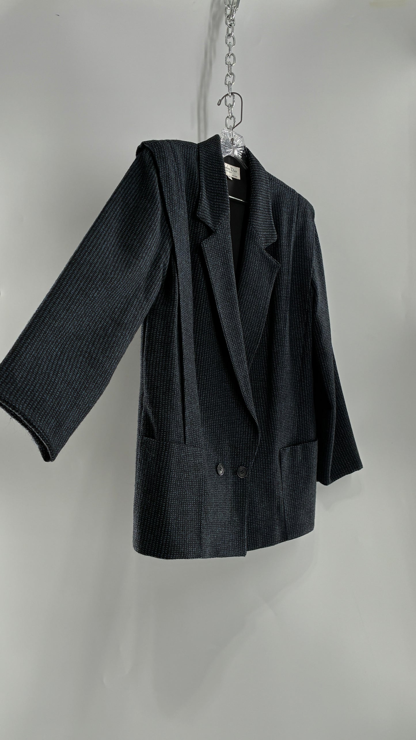 Vintage CHRISTIAN DIOR Navy Woven Maxi Skirt and Oversized Lapel Style Blazer with Padded Shoulders (8)