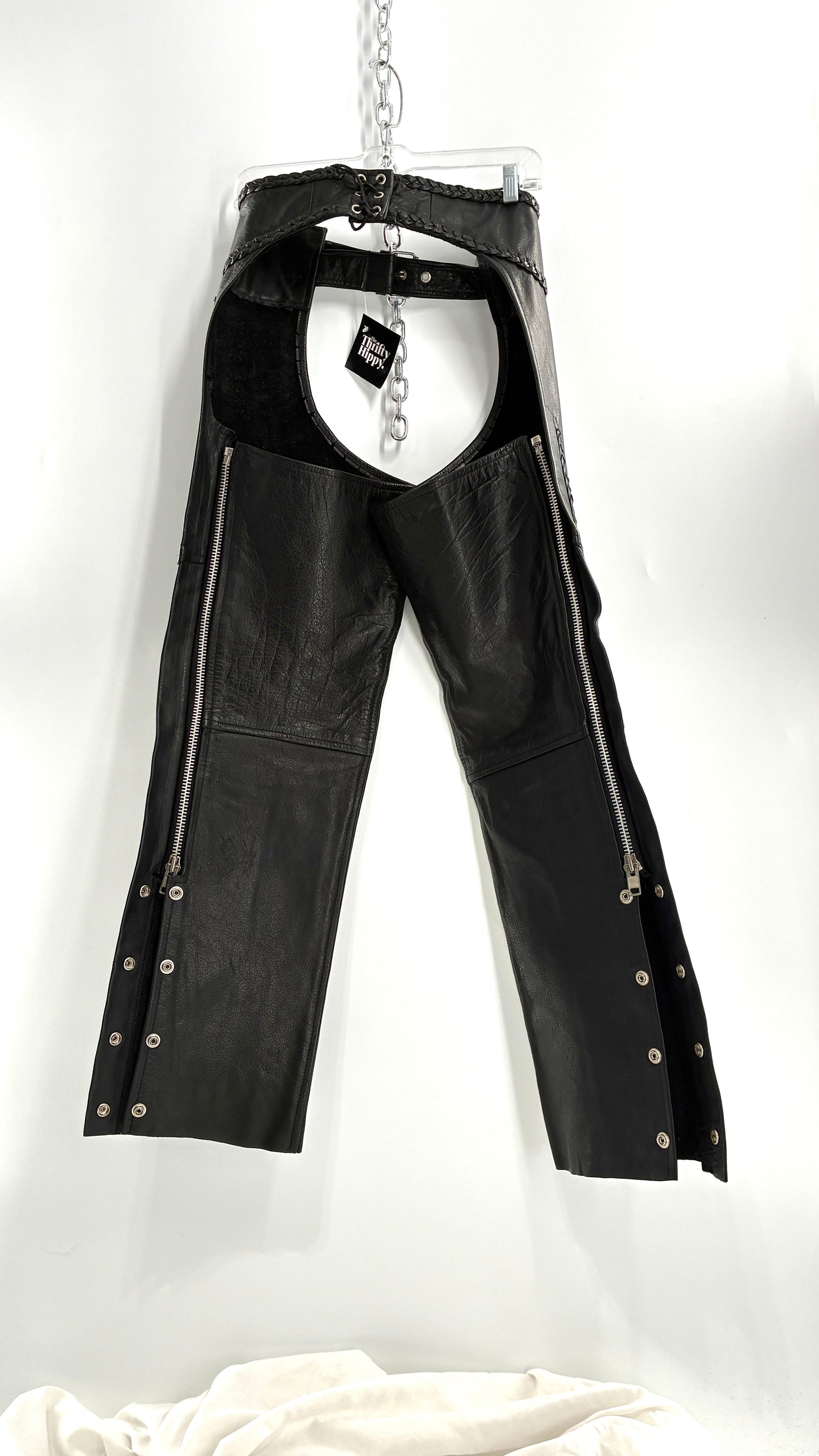Vintage AMERICAN LEATHER Black Motorcycle Chaps/Pants with Mini Pocket, and Side Zipper Detailing (XS)