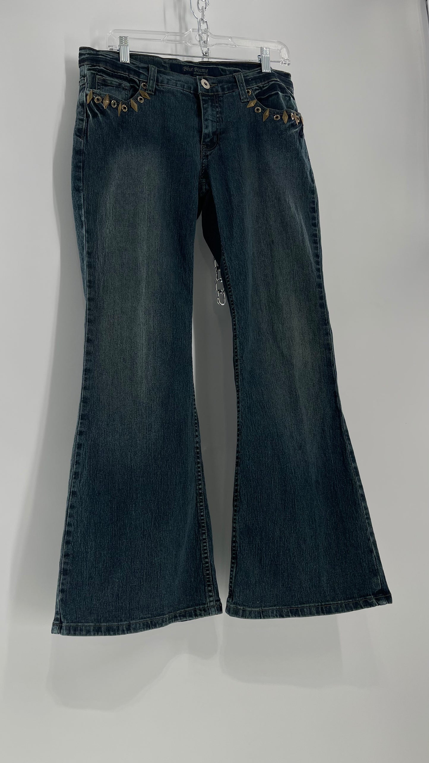 Vintage Blue Pointe Kickflare Medium Wash Jeans with Gold Rhinestone Metal Jewels (13)