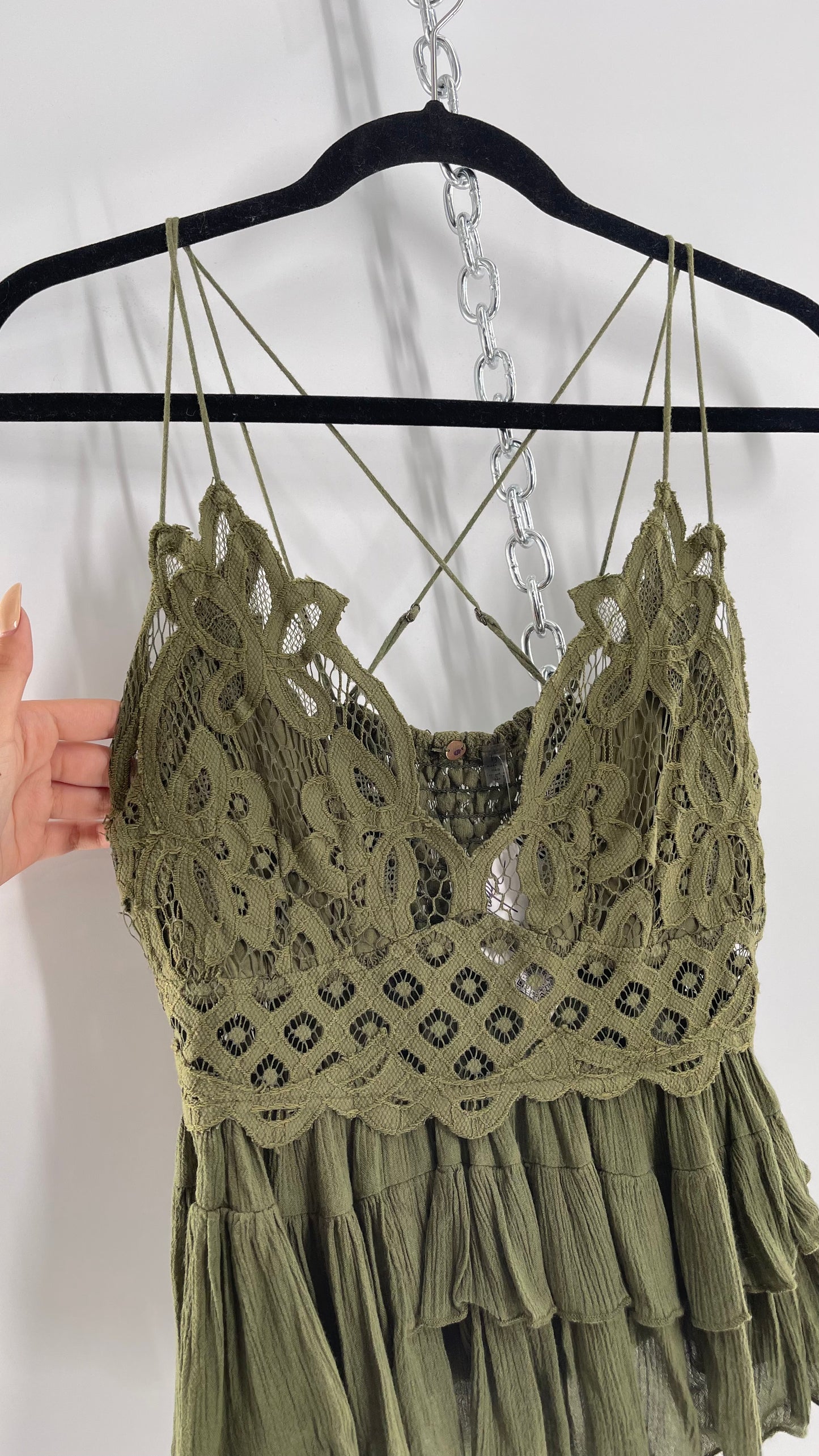 Free People Army Green Lace Bralette Top with Ruffled Hem (Large)